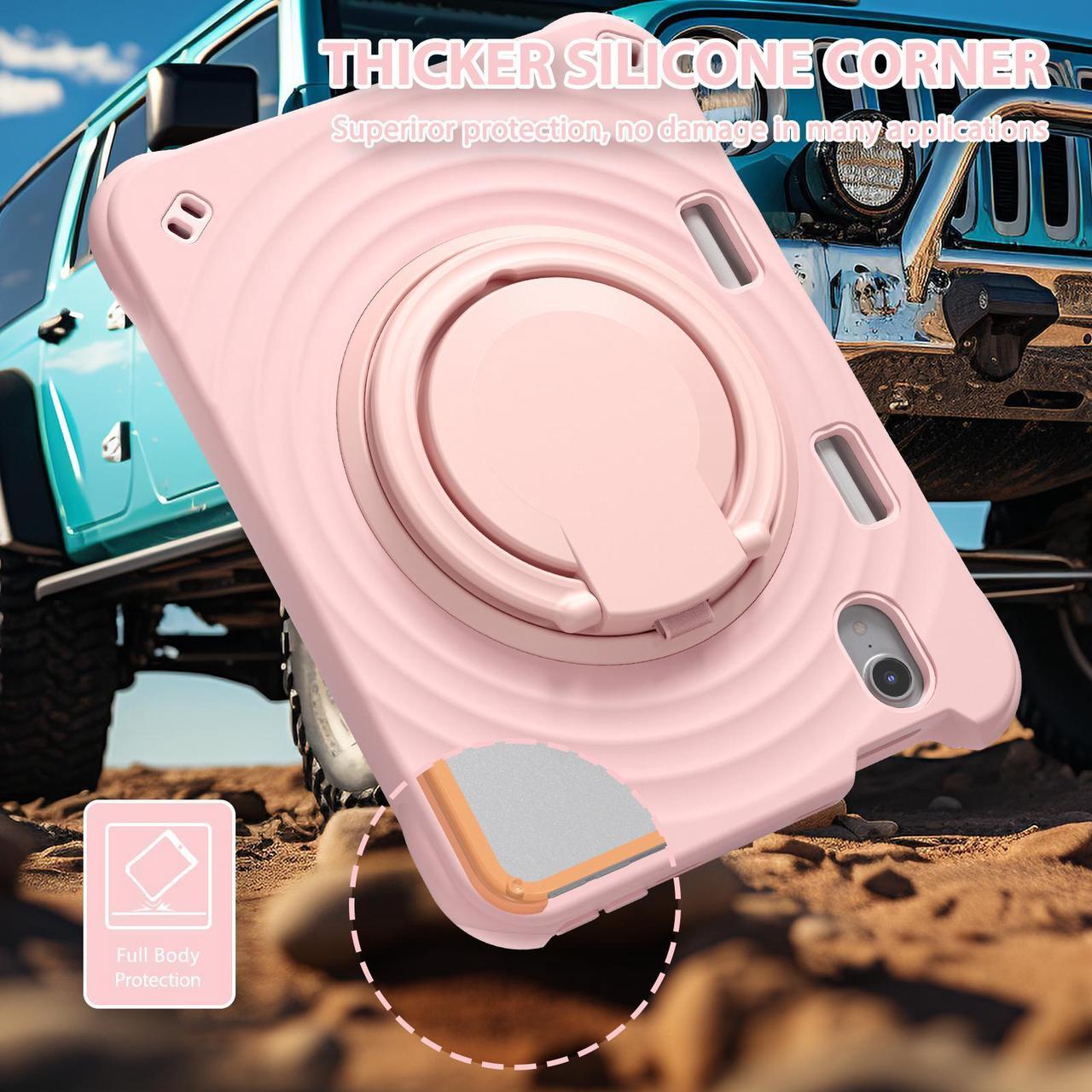 Alt view image 3 of 7 - BONAEVER Shockproof Case for iPad Mini 7 (A17 Pro) 2024 / iPad Mini 6 8.3 inch 2021 Protective Cover with 360° Rotating Stand, Hand/Shoulder Strap, Pencil Holder Pink