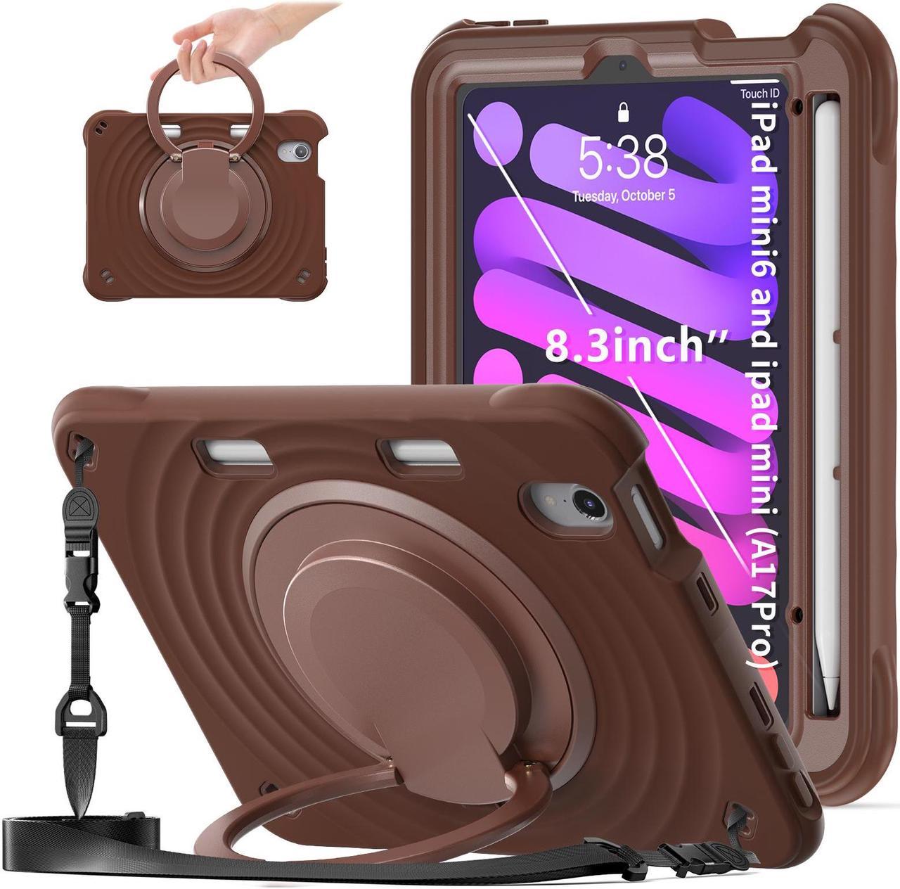 BONAEVER Shockproof Case for iPad Mini 7 (A17 Pro) 2024 / iPad Mini 6 8.3 inch 2021 Protective Cover with 360° Rotating Stand, Hand/Shoulder Strap, Pencil Holder Chocolate