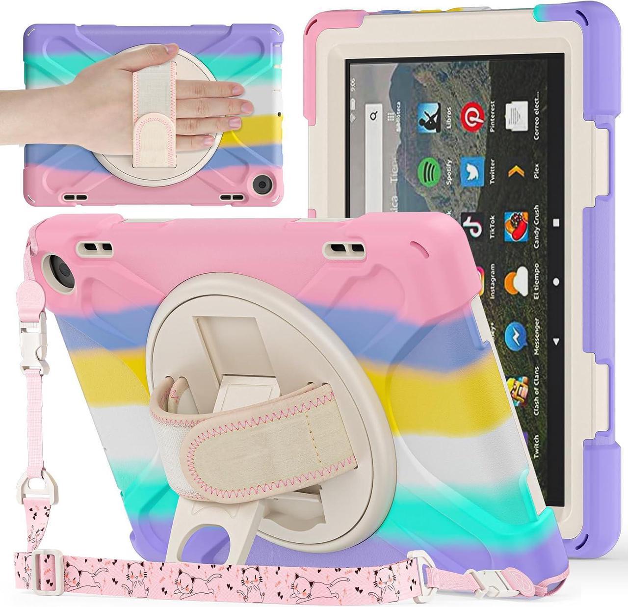 BONAEVER for Amazon Fire HD 8 Tablet Case 12th Generation 2024/2022 8 inch Shockproof Protective Kindle Fire HD 8 Kids Case Cover with Rotating Hand Strap+Stand Pen Holder Shoulder Strap Pink