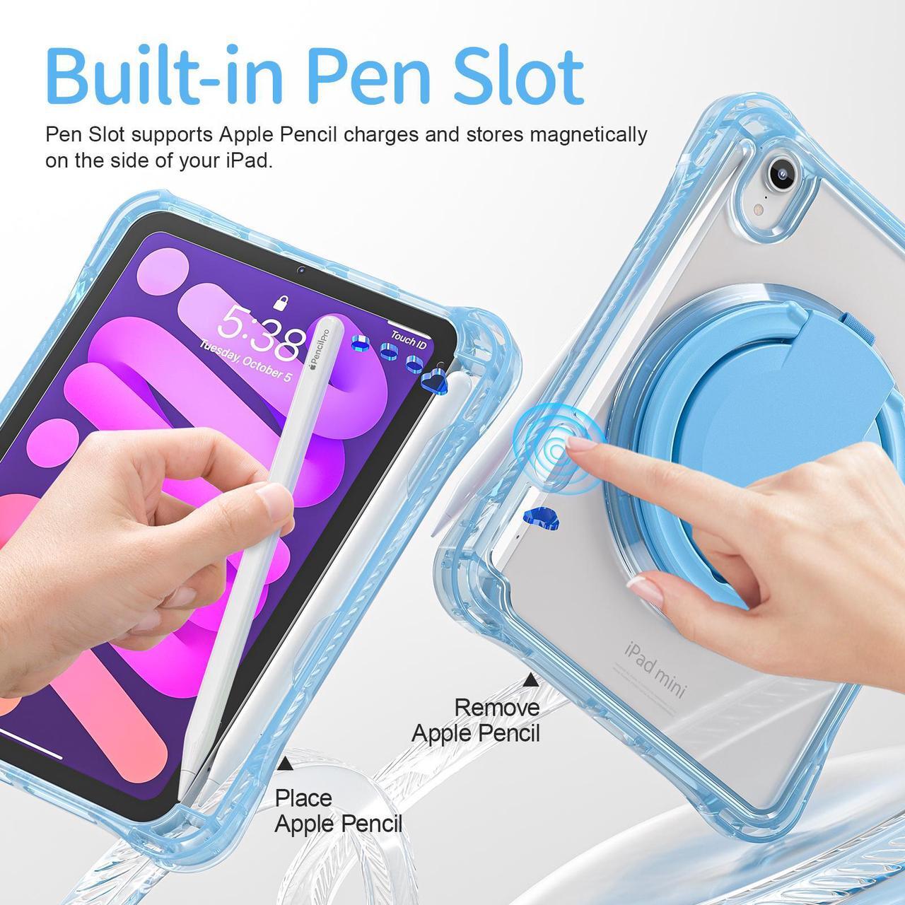 Alt view image 4 of 7 - BONAEVER Case for iPad Mini 7 A17 Pro / Mini 6, iPad Mini 6th/7th Gen 2021 2024 8.3 Inch Shockproof Rugged Protective Cover with 360 Rotating Stand Pencil Holder Hand/Shoulder Strap Transparent Back
