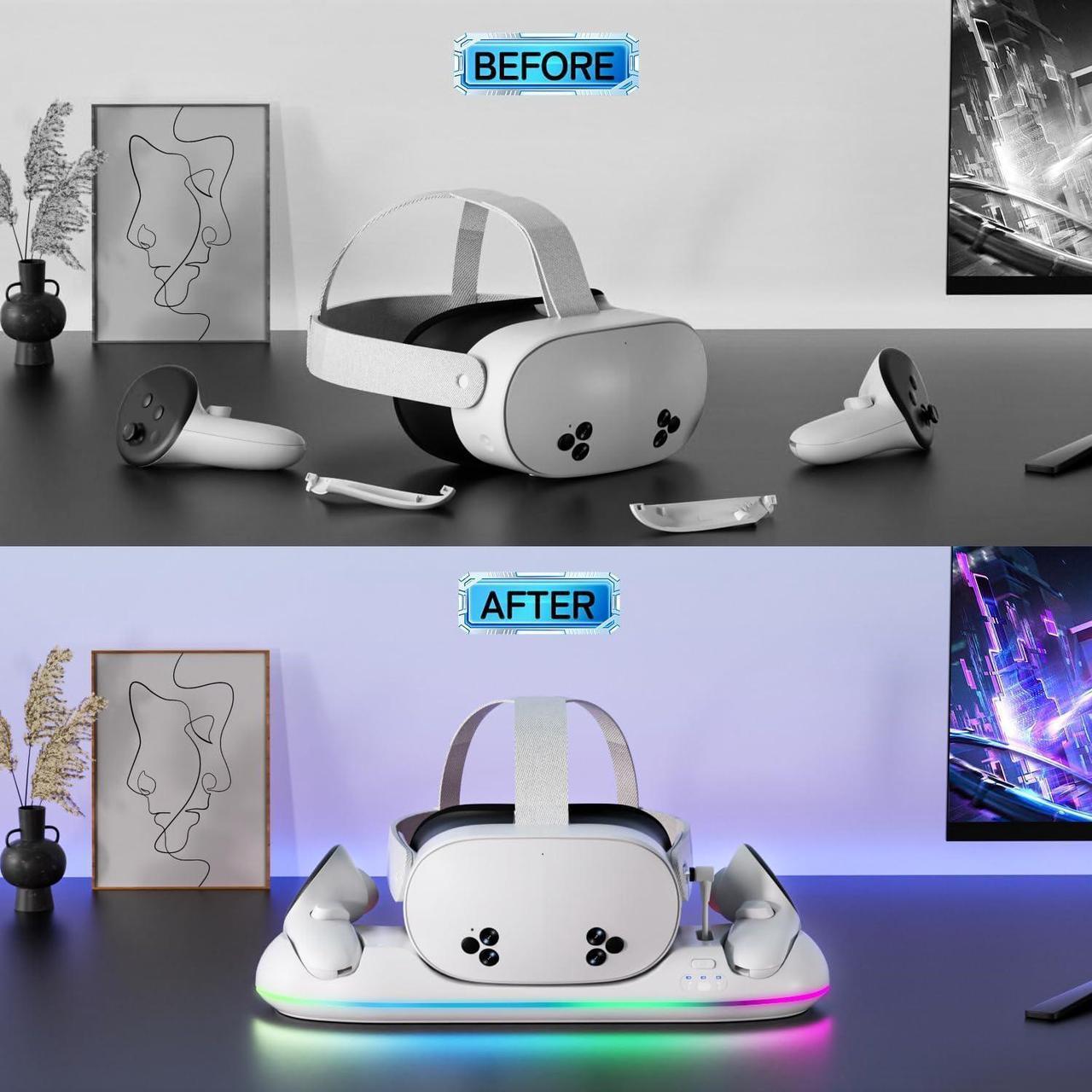 Alt view image 4 of 7 - BONAEVER Charging Dock for Oculus Meta Quest 3s / 3 / 2 with RGB Light, Magnetic Charger Station for Headset & Controllers - VR Accessories Stand with 2 Rechargeable Battery & 20W UL AC Adapter