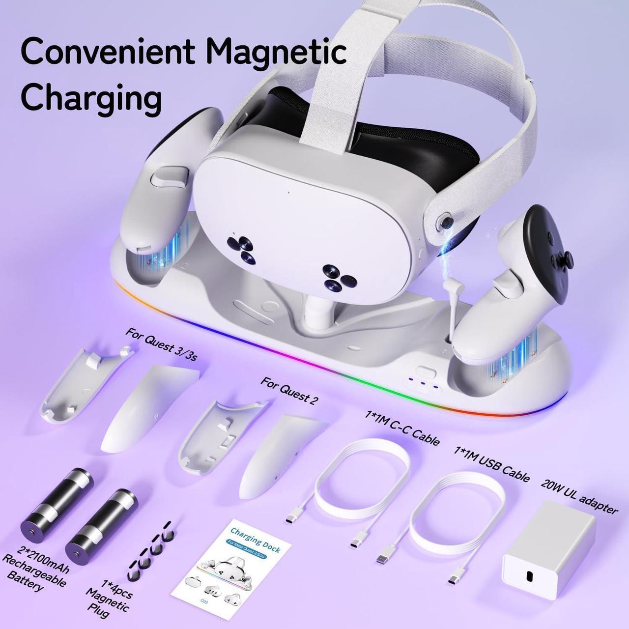 Alt view image 7 of 7 - BONAEVER Charging Dock for Oculus Meta Quest 3s / 3 / 2 with RGB Light, Magnetic Charger Station for Headset & Controllers - VR Accessories Stand with 2 Rechargeable Battery & 20W UL AC Adapter
