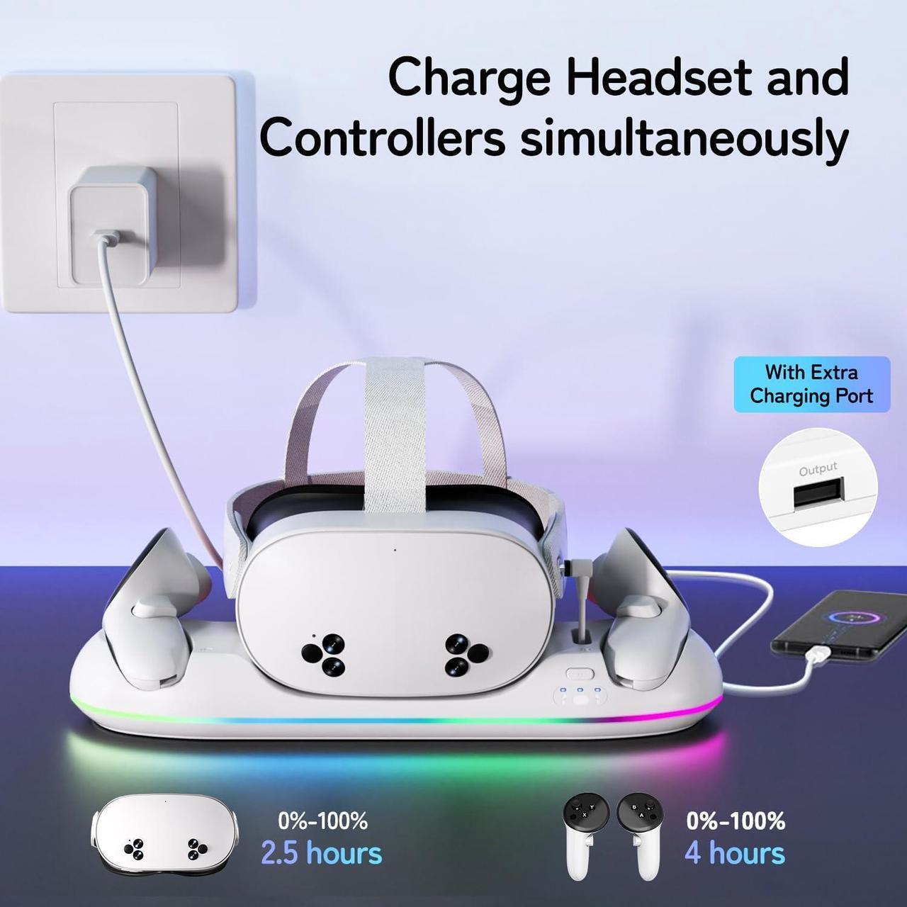 Alt view image 2 of 7 - BONAEVER Charging Dock for Oculus Meta Quest 3s / 3 / 2 with RGB Light, Magnetic Charger Station for Headset & Controllers - VR Accessories Stand with 2 Rechargeable Battery & 20W UL AC Adapter