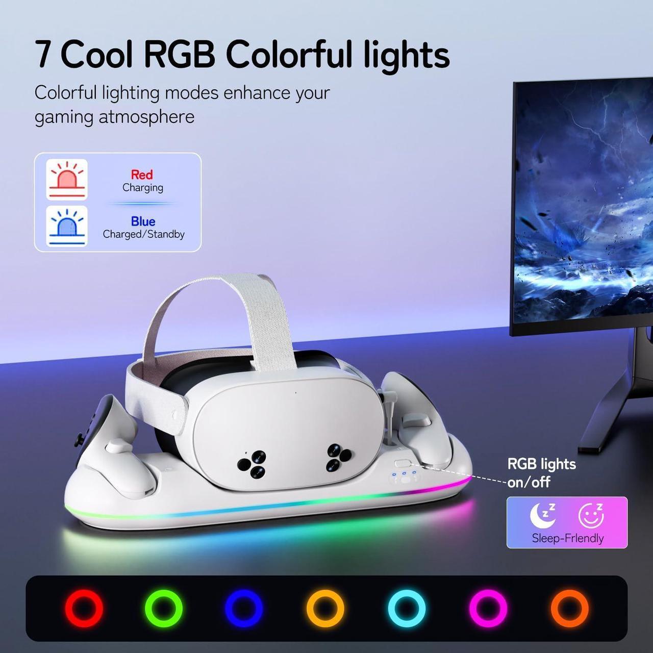 Alt view image 3 of 7 - BONAEVER Charging Dock for Oculus Meta Quest 3s / 3 / 2 with RGB Light, Magnetic Charger Station for Headset & Controllers - VR Accessories Stand with 2 Rechargeable Battery & 20W UL AC Adapter
