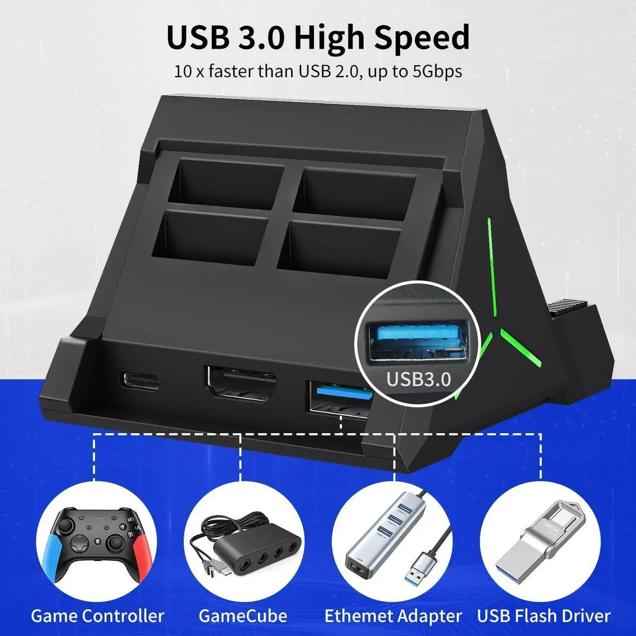 Alt view image 7 of 7 - BONAEVER TV Dock Station for Switch/Switch OLED, Switch TV Dock with 4K HDMI/USB C/USB 3.0 Port, LED Beathing Atmosphere Light and can Hold 4 Game Slots, Replacement Charging Dock for Nintendo Switch