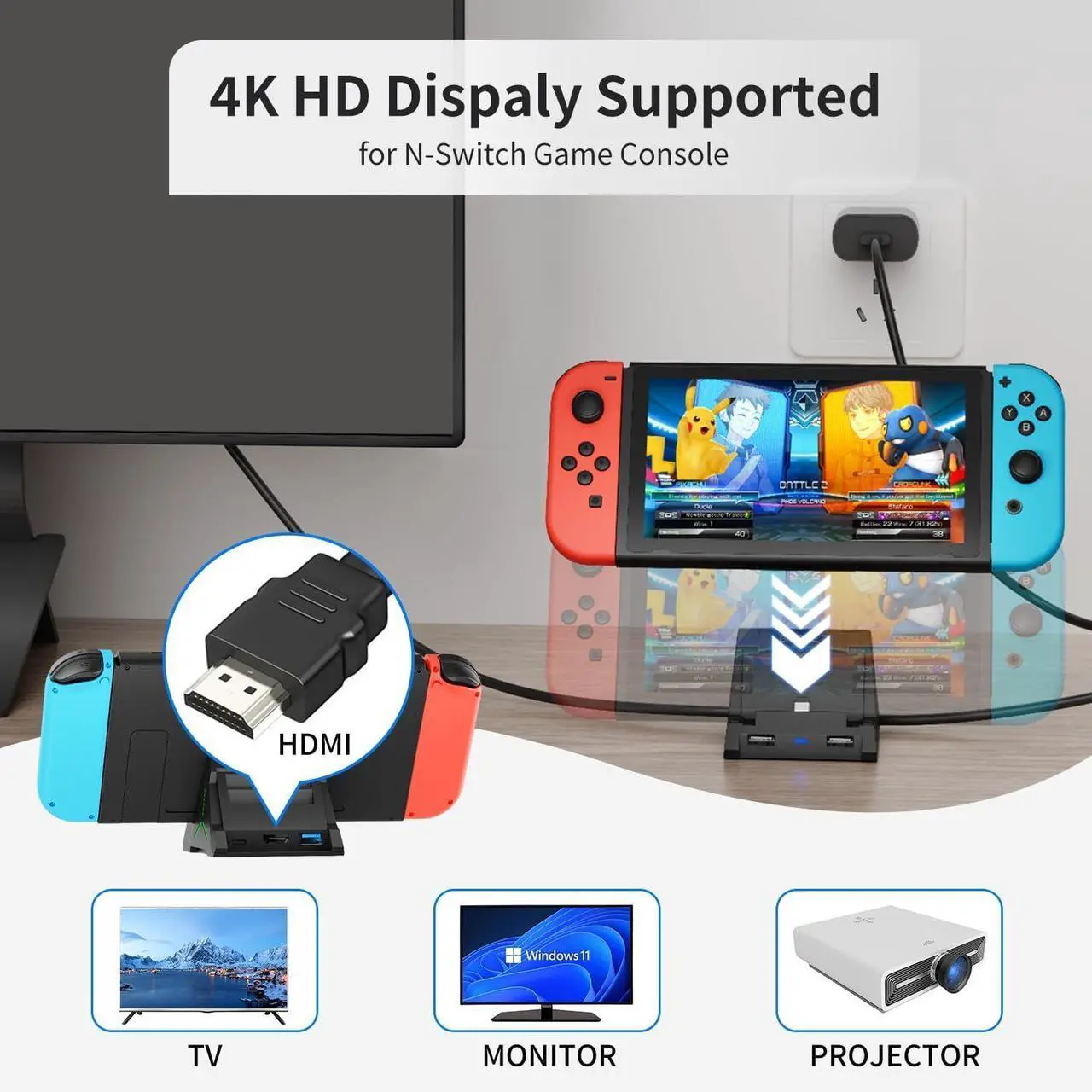 Alt view image 3 of 7 - BONAEVER TV Dock Station for Switch/Switch OLED, Switch TV Dock with 4K HDMI/USB C/USB 3.0 Port, LED Beathing Atmosphere Light and can Hold 4 Game Slots, Replacement Charging Dock for Nintendo Switch