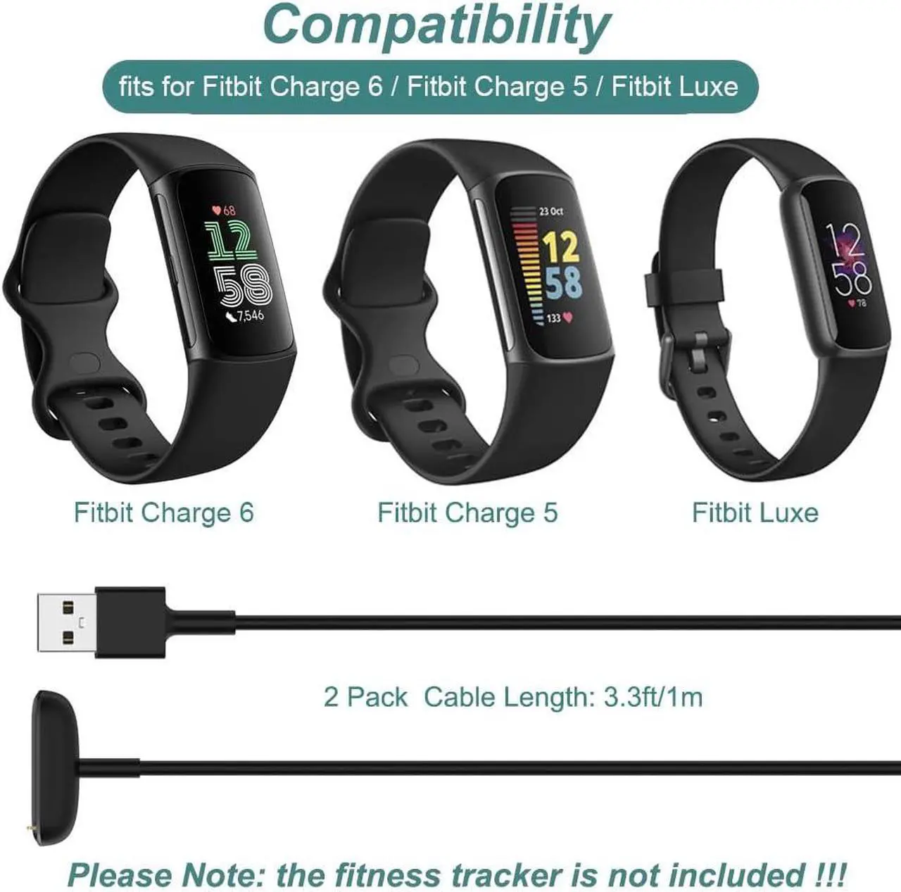 Alt view image 3 of 7 - BONAEVER Charger for Fitbit Charge 5 / Fitbit Charge 6 / Fitbit Luxe, Replacement Charging Cable Cord Accessories for Fitbit Luxe/Charge 5/Charge 6 [2-Pack, 3.3ft/1m]