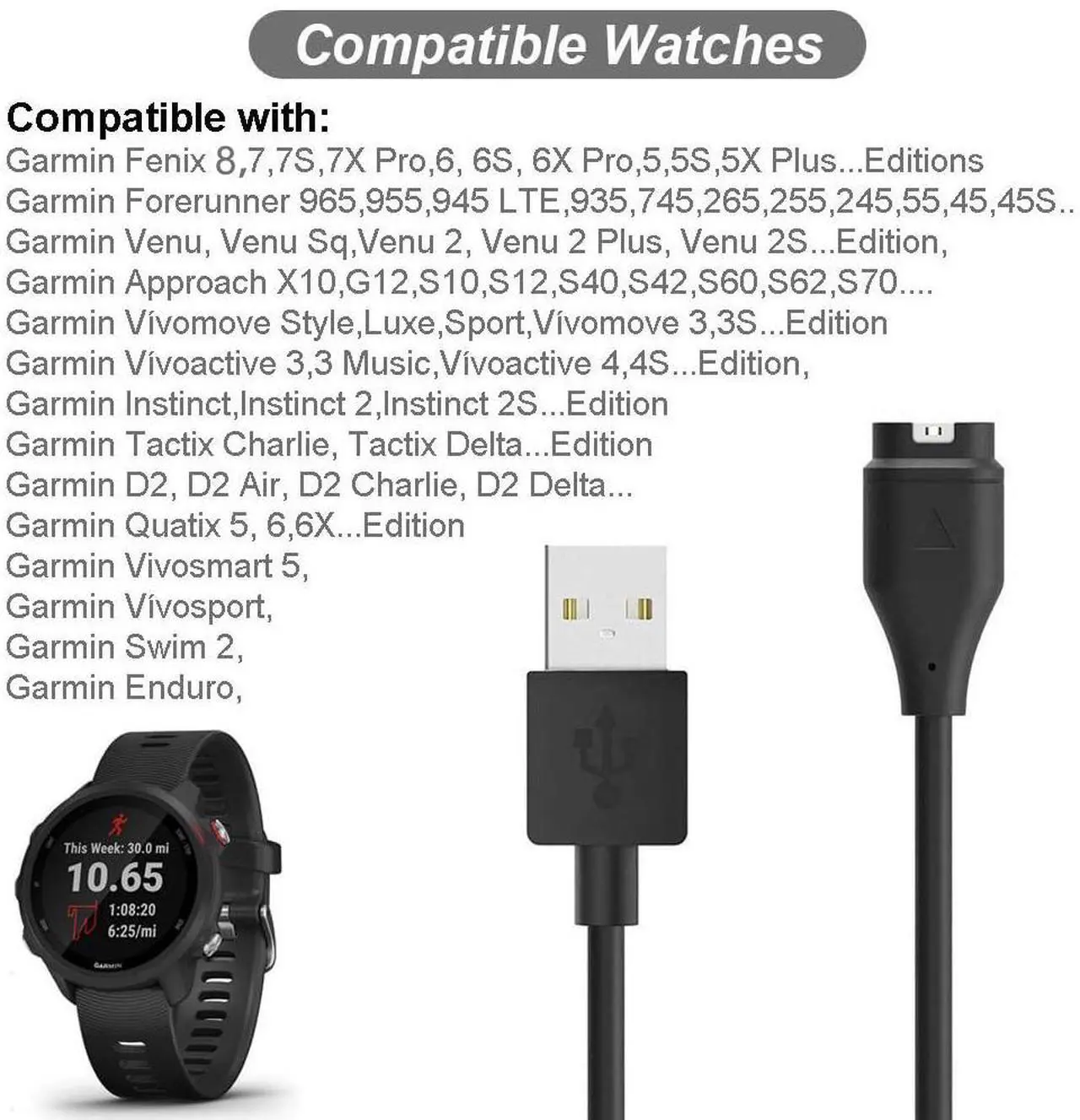 Alt view image 2 of 6 - BONAEVER Charger for Garmin Forerunner 45 55 245 255 265 745 945 955 965, Approach S10 S12 S40 S42 S60 S70, Vivoactive 3 4 4S, Instinct Venu 2 2S Plus Fenix 8 7 7S 7X 6 5 Charging Cable [2Pack, 3.3ft]