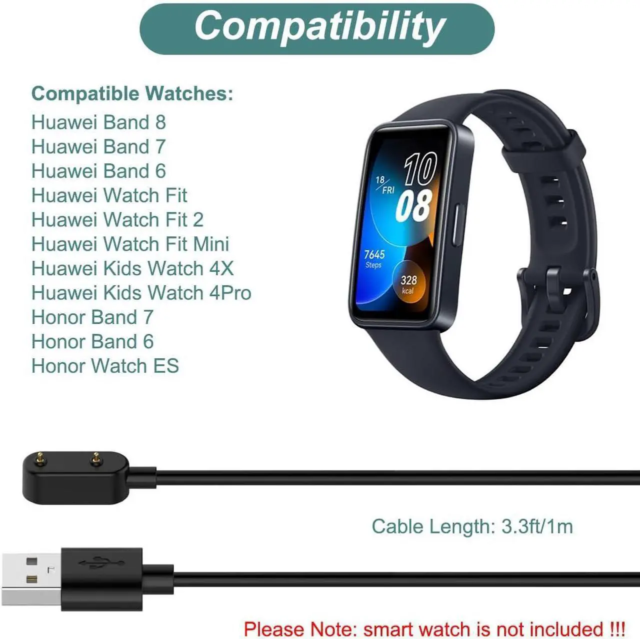 Alt view image 2 of 6 - BONAEVER Charger for Huawei Band 9/8/7/6, Watch Fit/Fit 2/Fit 3/Fit Mini/4X/4Pro, Honor Band 7/6, Watch ES, Replacement Charging Cable (3.3ft/1m)