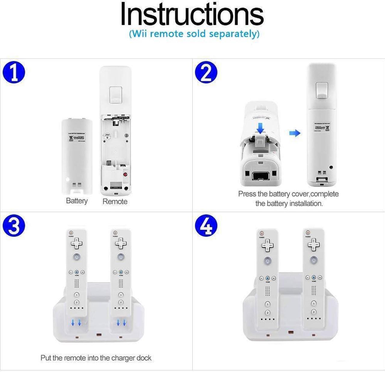 Alt view image 4 of 7 - BONAEVER Wii U Charger Dock Station for Wii Remote & Wii U Gamepad with 2 Rechargeable Batteries Charging Cable Led Indicator White