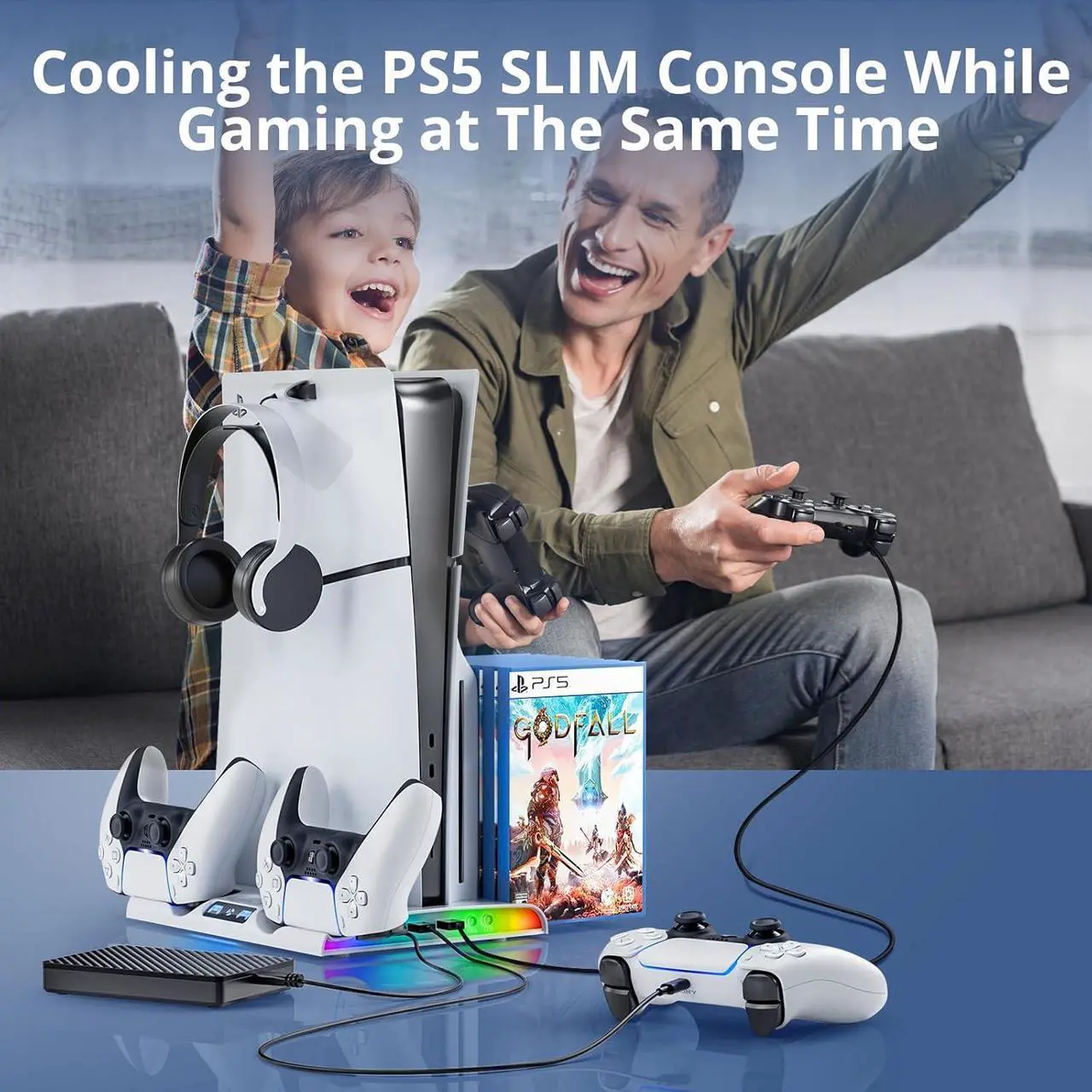Alt view image 7 of 7 - BONAEVER PS5 Slim Stand Cooling Station with Controller Charging Station for Playsation 5 Slim, PS5 Slim Accessories Kits with Cooling Fan,RGB LED,and Game Slot
