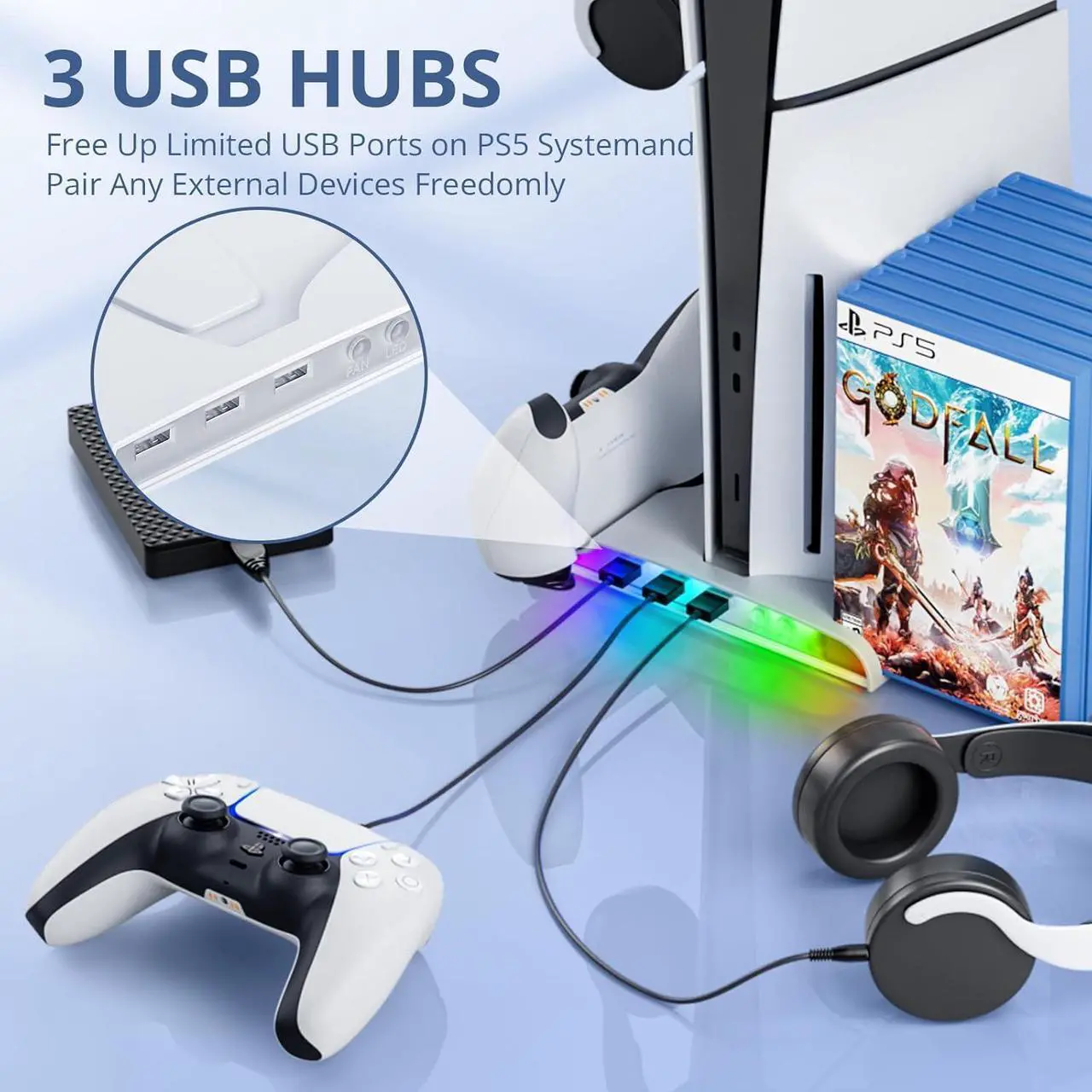 Alt view image 6 of 7 - BONAEVER PS5 Slim Stand Cooling Station with Controller Charging Station for Playsation 5 Slim, PS5 Slim Accessories Kits with Cooling Fan,RGB LED,and Game Slot