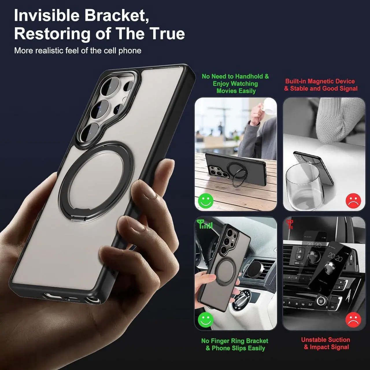 Alt view image 5 of 7 - BONAEVER Magnetic Compatible for Samsung Galaxy S25 Ultra Case 360° Invisible Ring Stand [Military Drop Protection] Anti-Fingerprint Shockproof Translucent Design for Galaxy S25 Ultra