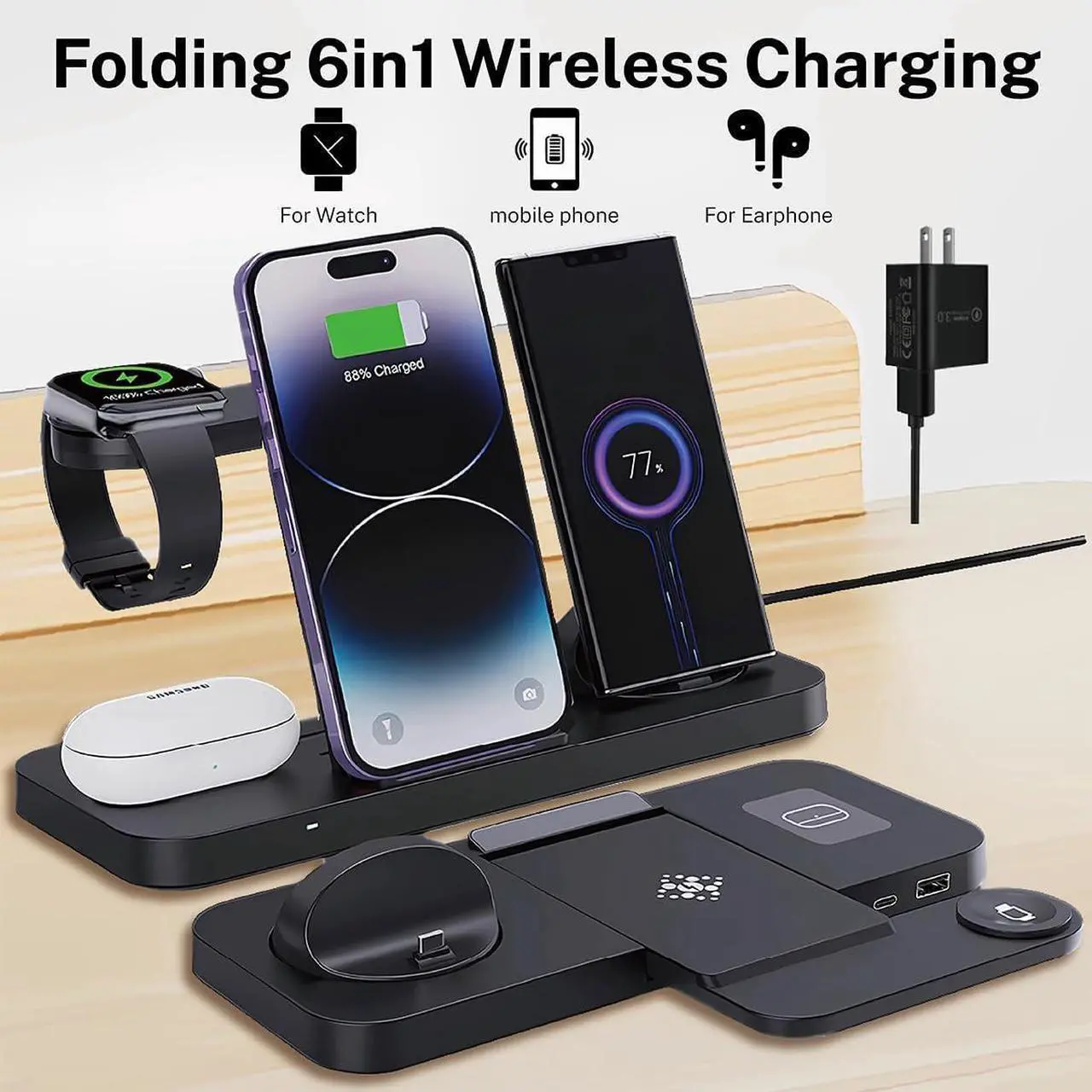 Alt view image 2 of 7 - BONAEVER 6-in-1 Fast Wireless Charging Station for iPhone 16/15/14/13 Series, Apple Watch Ultra/9/8/7/6/5/4/3/2/1, AirPods Pro/1/2,18W Qi-Certified Wireless Charger with QC 3.0 Adapter