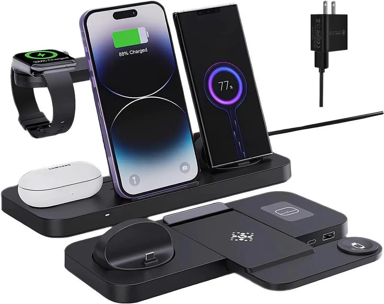 Main image of BONAEVER 6-in-1 Fast Wireless Charging Station for iPhone 16/15/14/13 Series, Apple Watch Ultra/9/8/7/6/5/4/3/2/1, AirPods Pro/1/2,18W Qi-Certified Wireless Charger with QC 3.0 Adapter