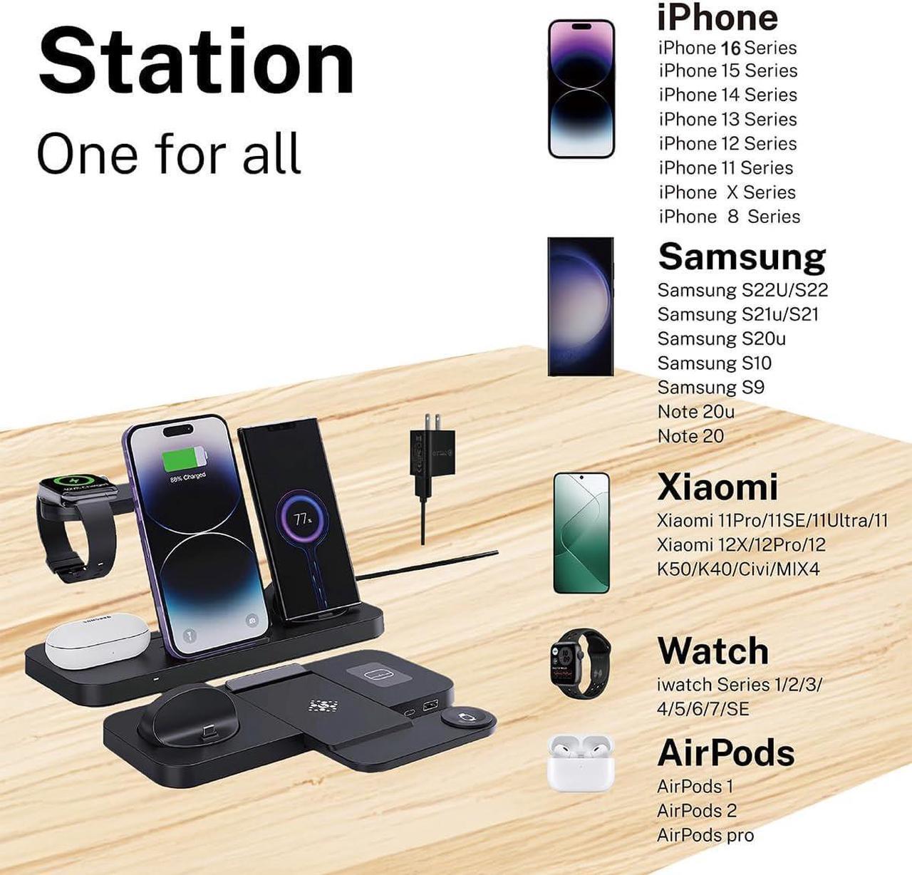 Alt view image 7 of 7 - BONAEVER 6-in-1 Fast Wireless Charging Station for iPhone 16/15/14/13 Series, Apple Watch Ultra/9/8/7/6/5/4/3/2/1, AirPods Pro/1/2,18W Qi-Certified Wireless Charger with QC 3.0 Adapter