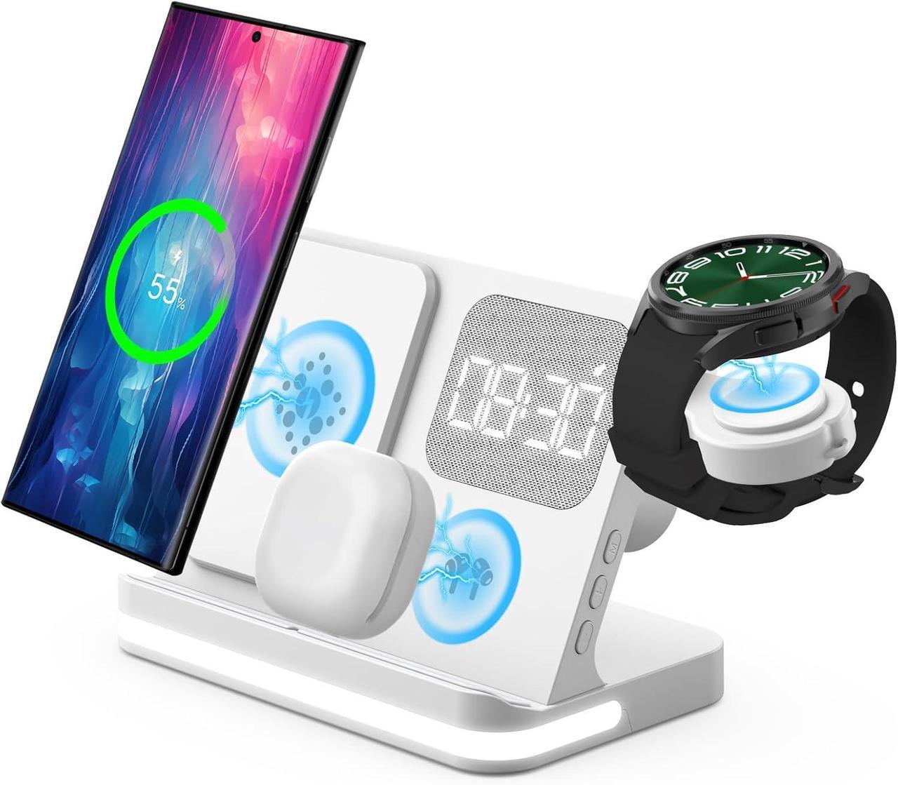Main image of 4 in 1 Wireless Charger with Alarm Clock Compatible for Galaxy Watch 7/Ultra/FE/6/5 Pro Galaxy S25/Ultra/S25+/S24/S23/Note 20/Z Flip 6/5 Fold 6/5 Galaxy Buds 3/2/Pro Multiple Devices Charging Station