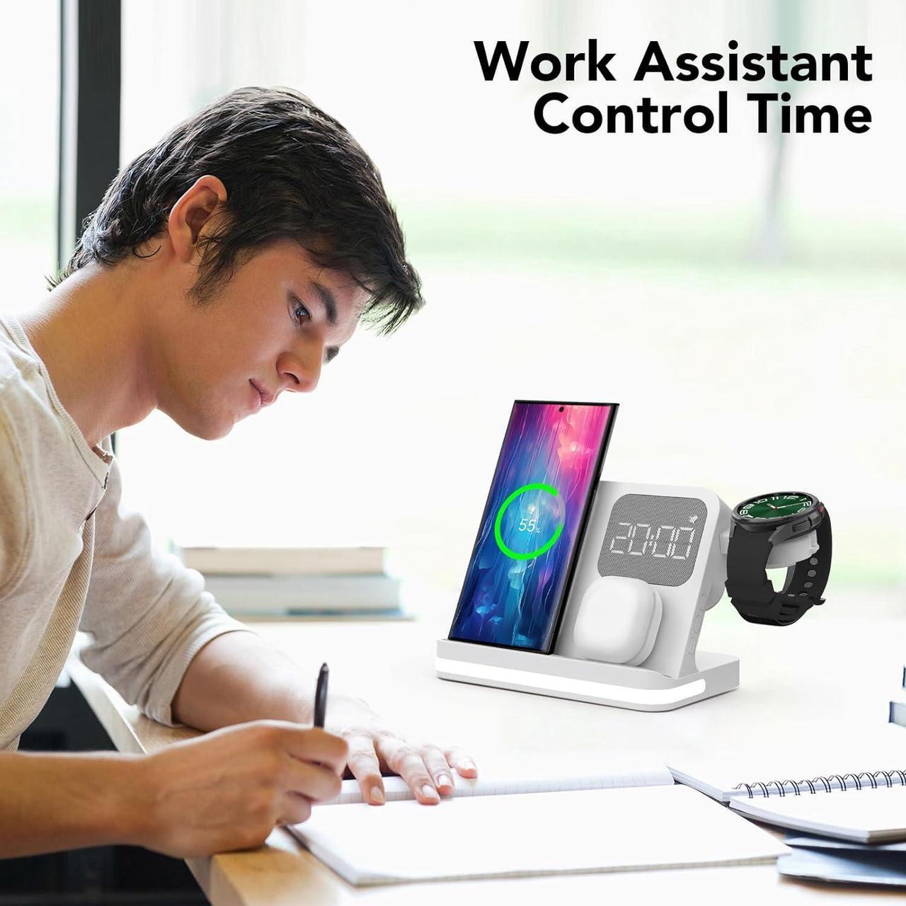 Alt view image 2 of 6 - 4 in 1 Wireless Charger with Alarm Clock Compatible for Galaxy Watch 7/Ultra/FE/6/5 Pro Galaxy S25/Ultra/S25+/S24/S23/Note 20/Z Flip 6/5 Fold 6/5 Galaxy Buds 3/2/Pro Multiple Devices Charging Station