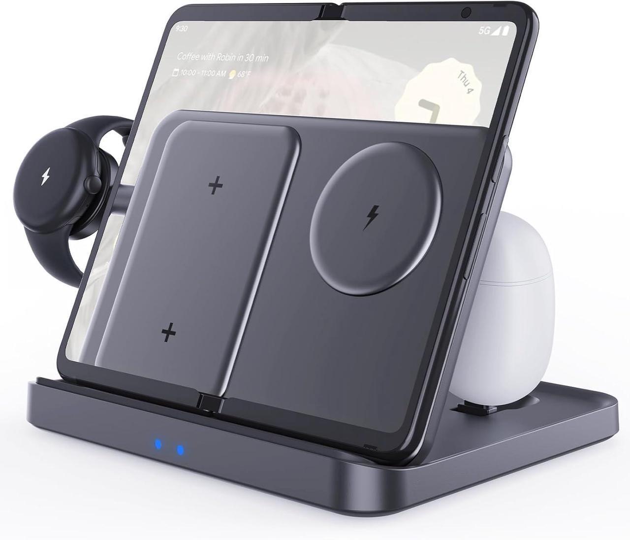 Main image of BONAEVER 3 in 1 Foldable Wireless Charging Station for Google Pixel 9 Pro Fold/9 Pro/9/8 Pro/8A/7/6/5/4, Pixel Buds and Pixel Watch 1, 15W Wireless Charger Stand, Not for Pixel Watch 2nd