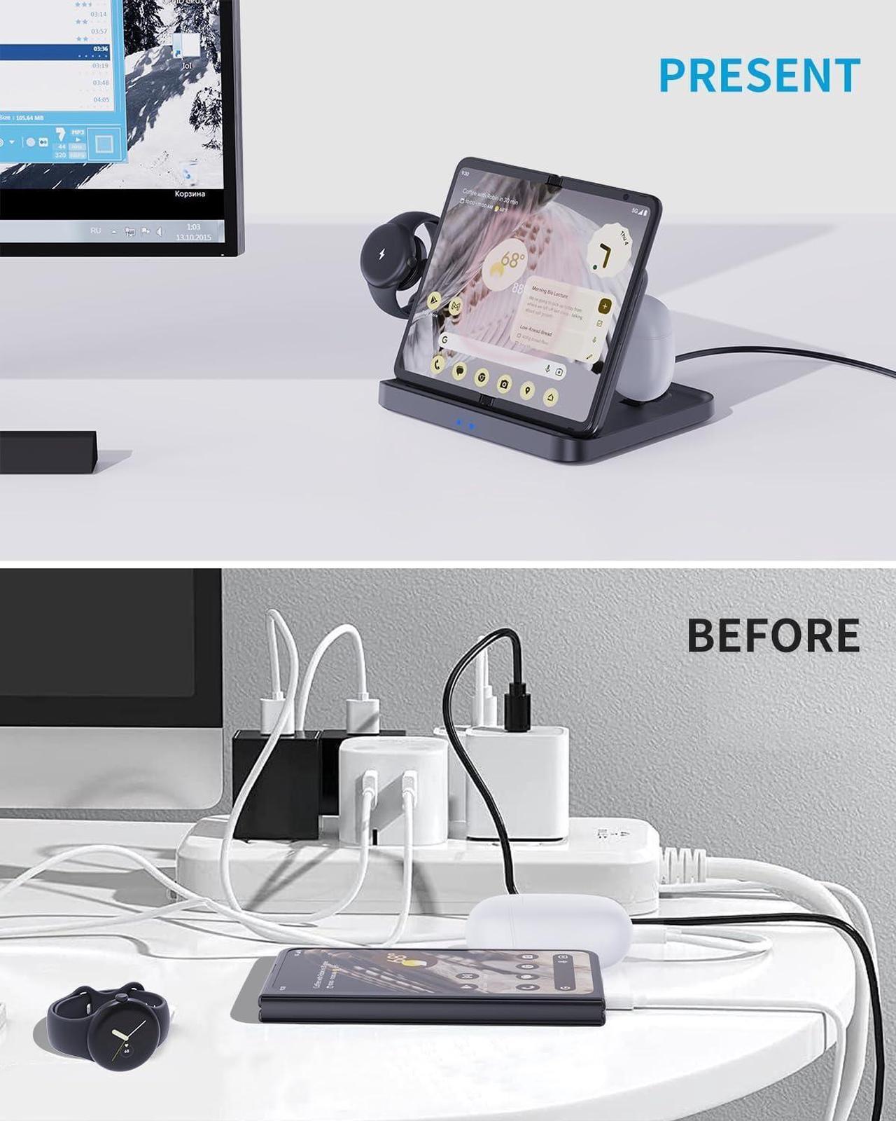 Alt view image 7 of 7 - BONAEVER 3 in 1 Foldable Wireless Charging Station for Google Pixel 9 Pro Fold/9 Pro/9/8 Pro/8A/7/6/5/4, Pixel Buds and Pixel Watch 1, 15W Wireless Charger Stand, Not for Pixel Watch 2nd
