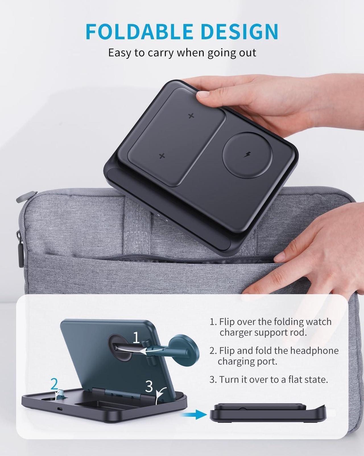 Alt view image 5 of 7 - BONAEVER 3 in 1 Foldable Wireless Charging Station for Google Pixel 9 Pro Fold/9 Pro/9/8 Pro/8A/7/6/5/4, Pixel Buds and Pixel Watch 1, 15W Wireless Charger Stand, Not for Pixel Watch 2nd