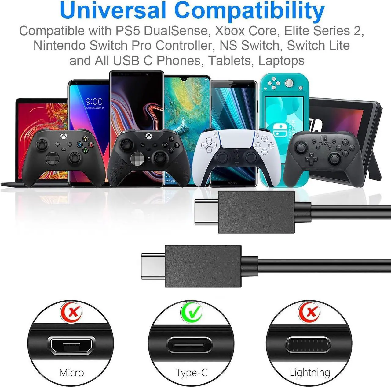 Alt view image 6 of 7 - PS5 Controller Charger 2 Pack 5FT OEM Original 3A Fast Charging Cable USB C to USB C Data Cord Wire Accessories for Playstation 5 DualSense, Xbox Series S X Core, Elite Series 2, Switch Controller