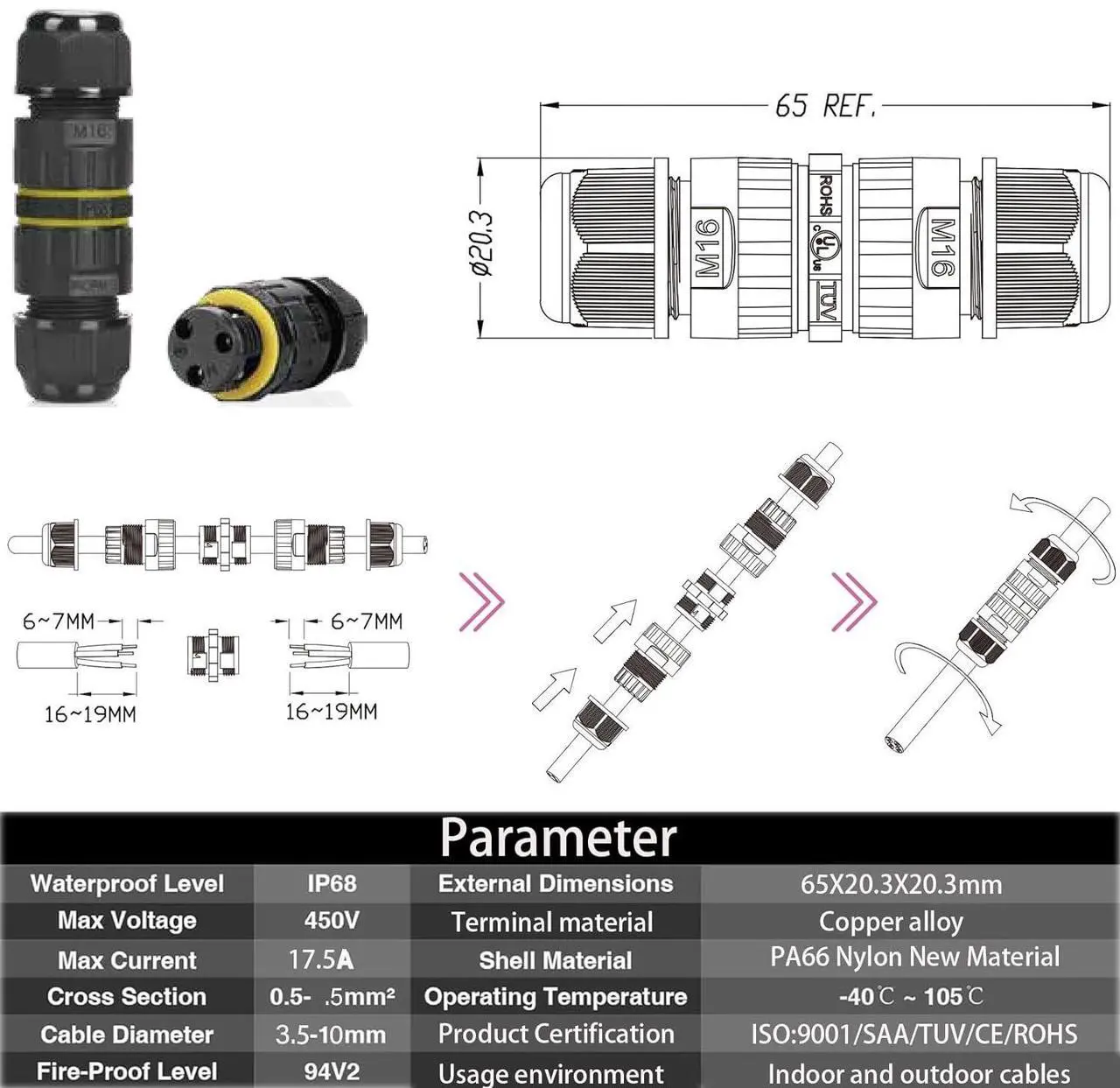Alt view image 4 of 7 - BONAEVER Waterproof Electrical connectors,Outdoor Waterproof Electrical Trailer Junction Box,M16 Junction Box 2 pin 3 pin for 3.5-10 mm Cable Diameter Waterproof Extension Cord Connector Repair kit