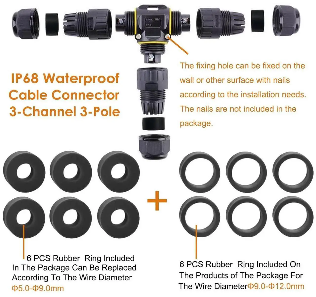Alt view image 4 of 7 - BONAEVER IP68 Waterproof Cable Connector 3-Channel 3-Poles, Outdoor Waterprrof Junction Box Connector,Ideal for 2 or 3 Pin Cables Ø4-12mm,Use for Outdoor Billboards,Tunnel Lights,Road Landscape Lights