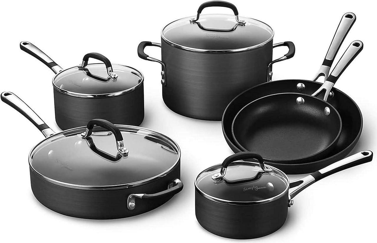 Main image of Calphalon 10-Piece Non-Stick Kitchen Cookware Set, Black Pots & Pans with Stay-Cool Stainless Steel Handles, Hard-Anodized Aluminum for Even Heating