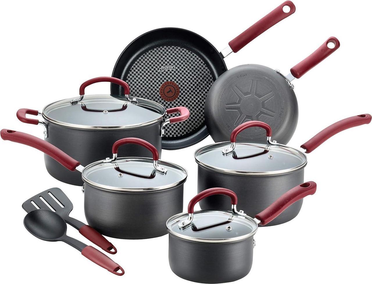 Main image of T-fal Ultimate Hard Anodized Nonstick Cookware Set 12 Piece, Oven Broiler Safe 600F, Kitchen Cooking Set w/ Fry Pans, Saucepans, Dutch Oven, Kitchen Utensils, Pots and Pans, Dishwasher Safe, Black