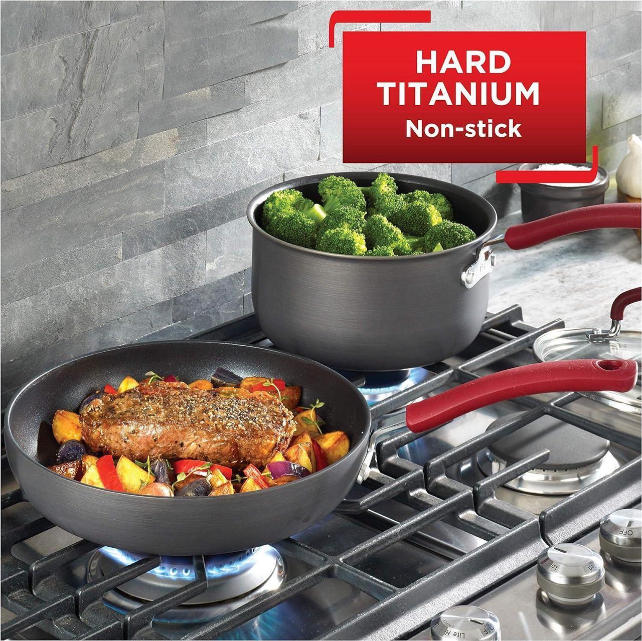 Alt view image 4 of 7 - T-fal Ultimate Hard Anodized Nonstick Cookware Set 12 Piece, Oven Broiler Safe 600F, Kitchen Cooking Set w/ Fry Pans, Saucepans, Dutch Oven, Kitchen Utensils, Pots and Pans, Dishwasher Safe, Black