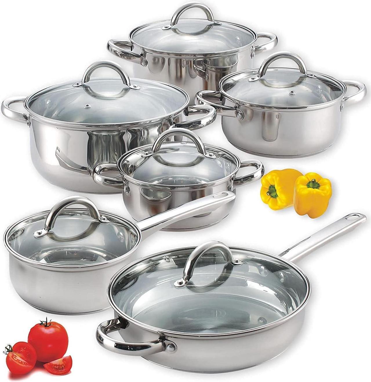 Main image of Cook N Home Kitchen Cookware Sets, 12-Piece Basic Stainless Steel Pots and Pans, Silver