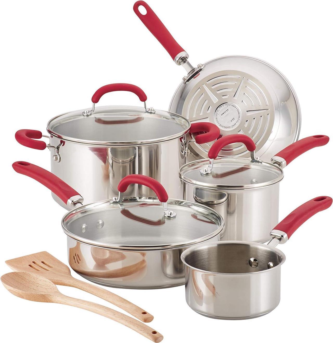 Main image of Rachael Ray Create Delicious Stainless Steel Cookware Set, 10-Piece Pots and Pans Set, Stainless Steel with Red Handles