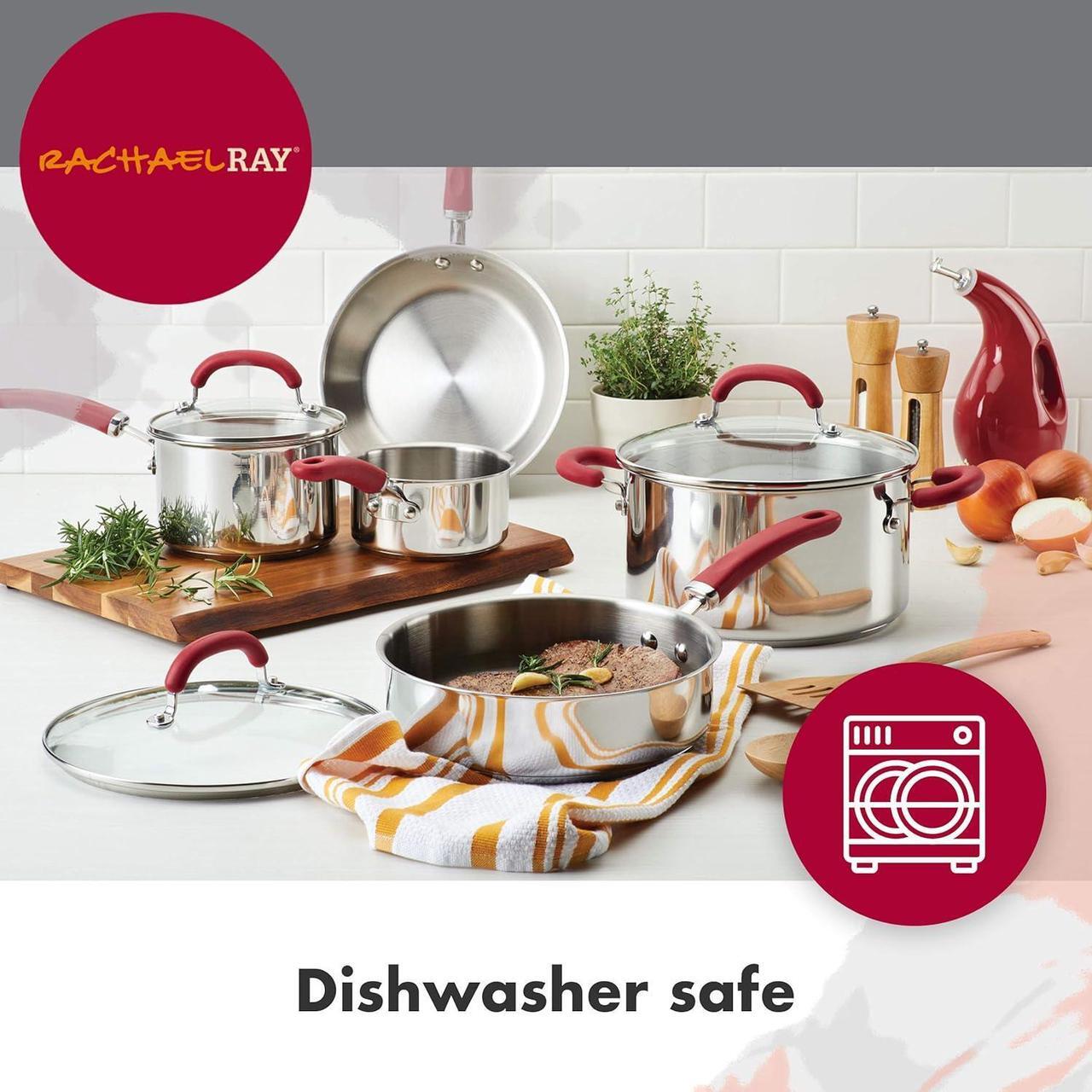 Alt view image 6 of 6 - Rachael Ray Create Delicious Stainless Steel Cookware Set, 10-Piece Pots and Pans Set, Stainless Steel with Red Handles