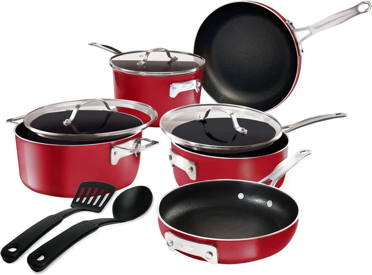 Main image of Gotham Steel STACKMASTER Pots Stackable 10 Piece Cookware Set Ultra Nonstick Cast Texture Coating Includes Fry Pans, Red