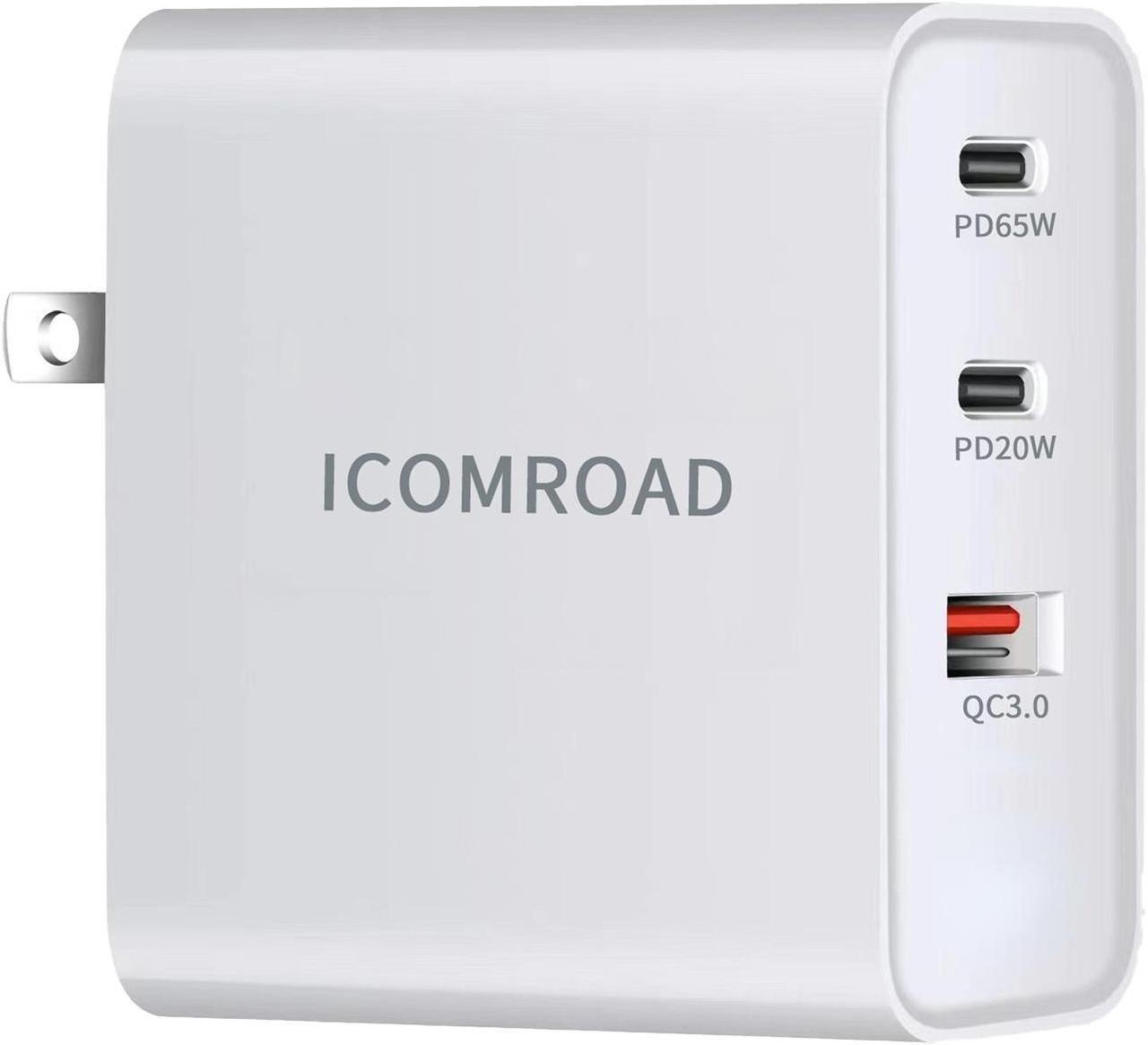 Alt view image 2 of 7 - Icomroad USB C Charger, GaN 65W QC PC 3-Port Compact Foldable Wall Fast Charger Travel for iPhone 15/15 pro/14/13/Pro, iPad, Samsung, MacBook Pro/Air, iPad Pro, Galaxy S20/S10