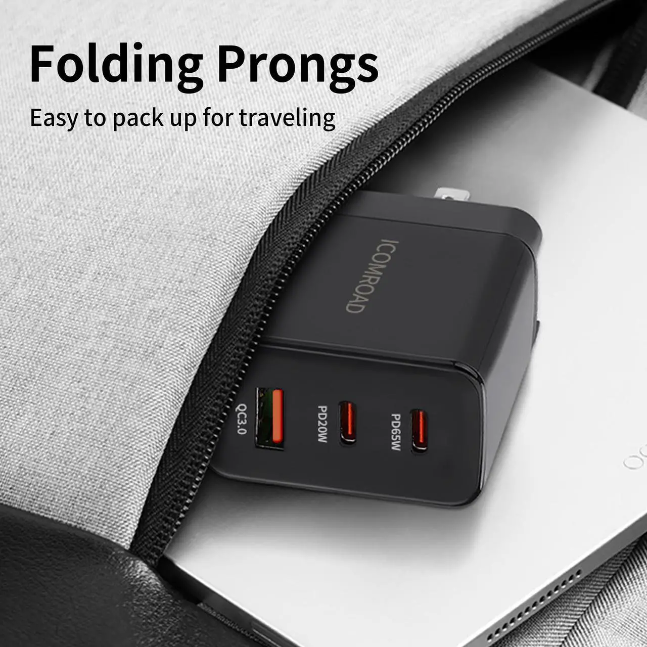 Alt view image 5 of 7 - Icomroad USB C Charger, GaN 65W QC PC 3-Port Compact Foldable Wall Fast Charger Travel for iPhone 14/13/Pro, iPad, Samsung, MacBook Pro/Air, iPad Pro, Galaxy S20/S10
