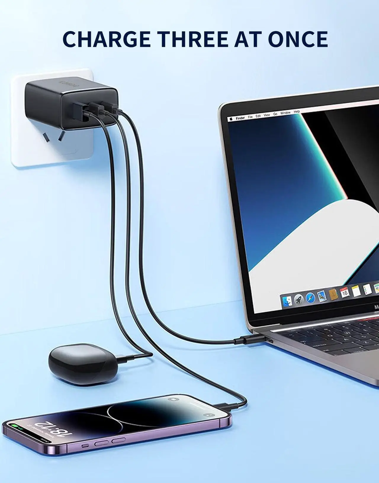 Alt view image 7 of 7 - Icomroad USB C Charger, GaN 65W QC PC 3-Port Compact Foldable Wall Fast Charger Travel for iPhone 14/13/Pro, iPad, Samsung, MacBook Pro/Air, iPad Pro, Galaxy S20/S10