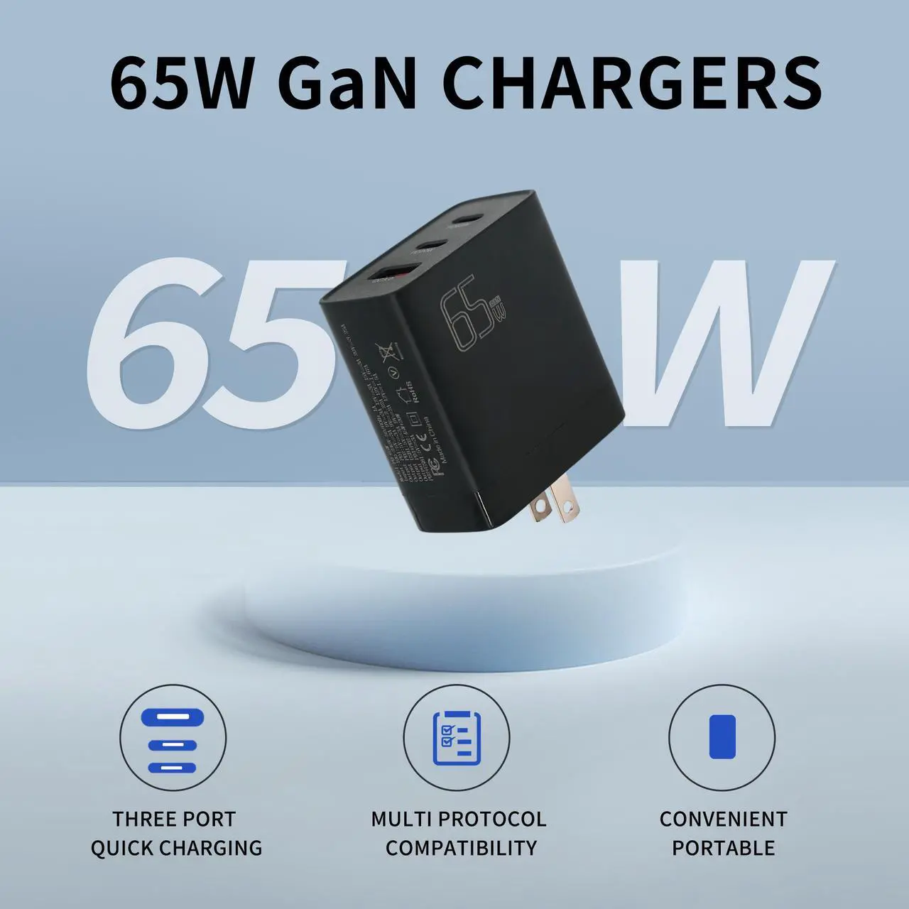 Alt view image 3 of 7 - Icomroad USB C Charger, GaN 65W QC PC 3-Port Compact Foldable Wall Fast Charger Travel for iPhone 14/13/Pro, iPad, Samsung, MacBook Pro/Air, iPad Pro, Galaxy S20/S10