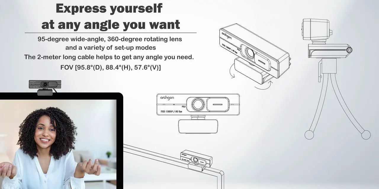 Alt view image 5 of 7 - Archgon  Webcam Full HD 1080P/60fps Streaming Low-Light Correction Wide-Angle Lens Webcam with Dual Omni-Directional Microphone, Privacy Cover and Tripod Compatible with Teams Skype and Zoom (C6206)