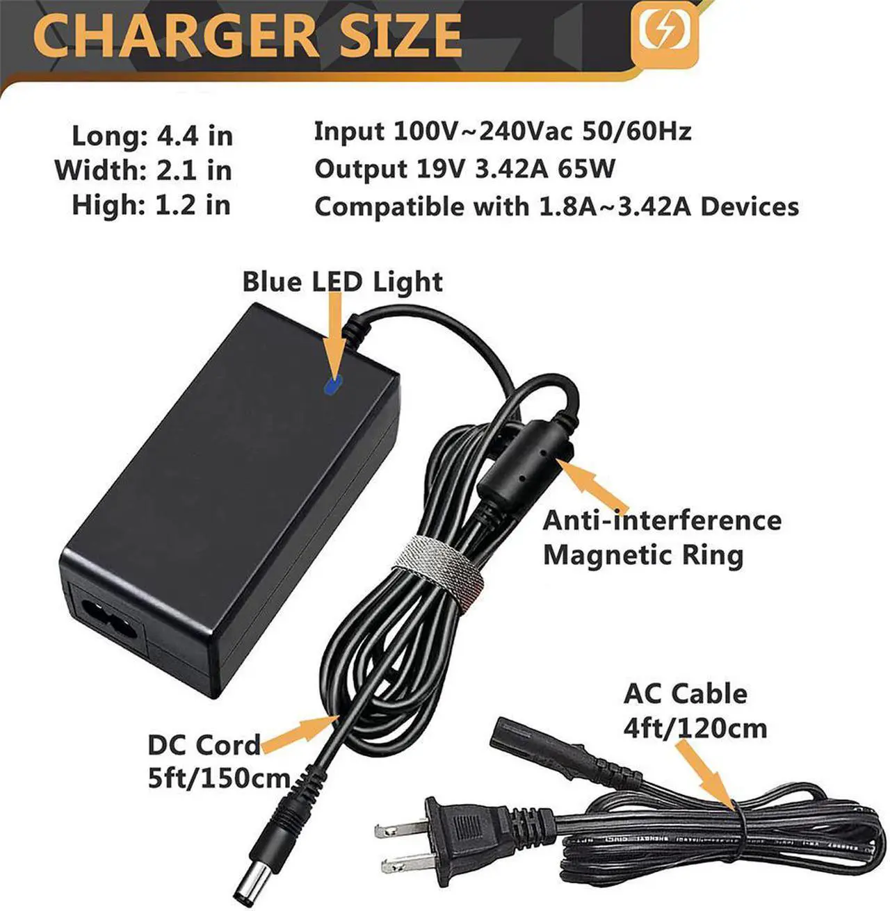 Alt view image 2 of 6 - 19V Monitor Power Supply Adapter for Asus 22'' 23'' 24'' 27'' VX238H VX238H-W VX228 VX228H VX248 VX248H Backlight LED G-SYNC Gaming Monitor MX279H VX239H VX279H, UL-Listed 65W AC Charger Cord