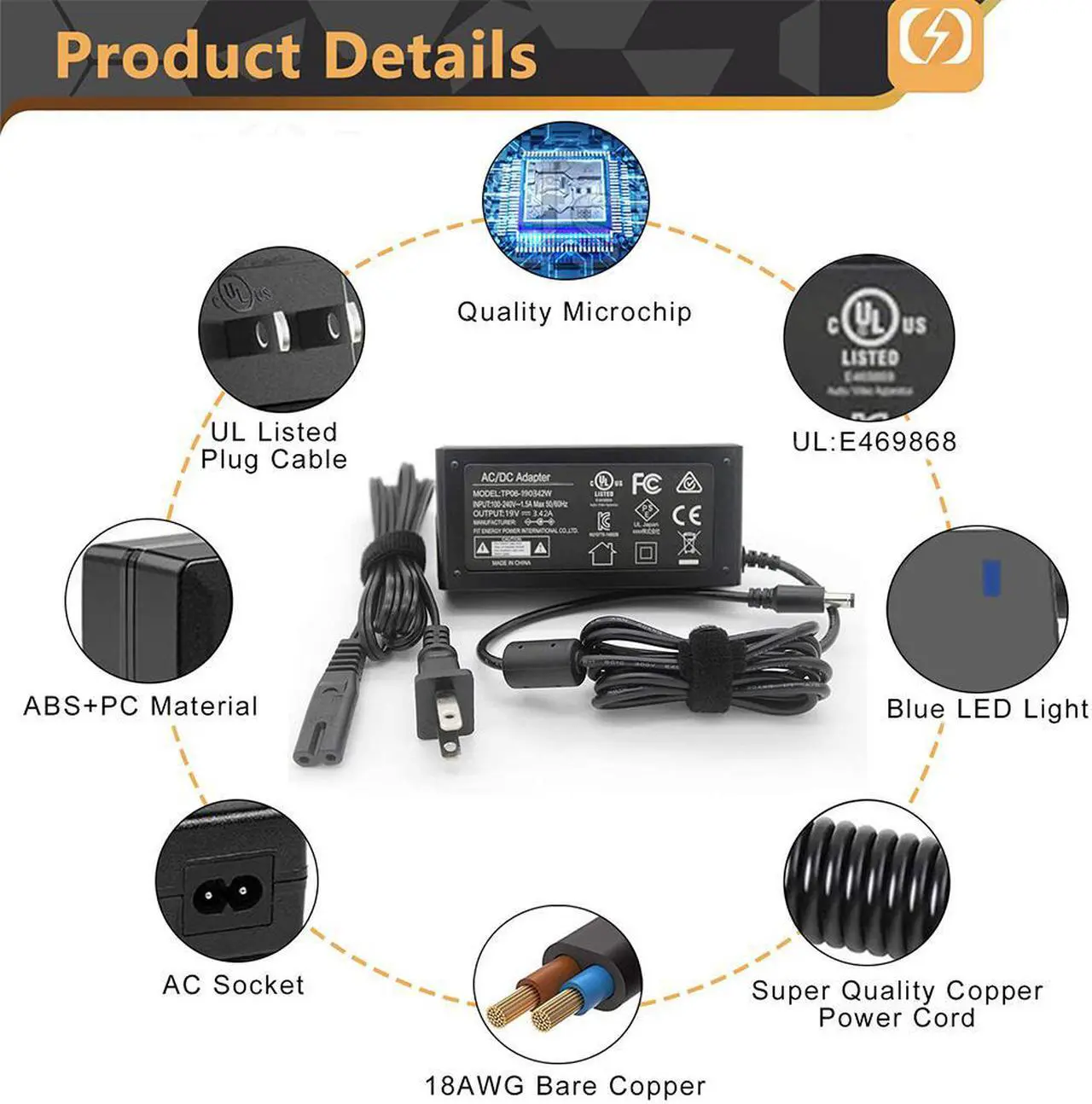 Alt view image 4 of 6 - 19V Monitor Power Supply Adapter for Asus 22'' 23'' 24'' 27'' VX238H VX238H-W VX228 VX228H VX248 VX248H Backlight LED G-SYNC Gaming Monitor MX279H VX239H VX279H, UL-Listed 65W AC Charger Cord