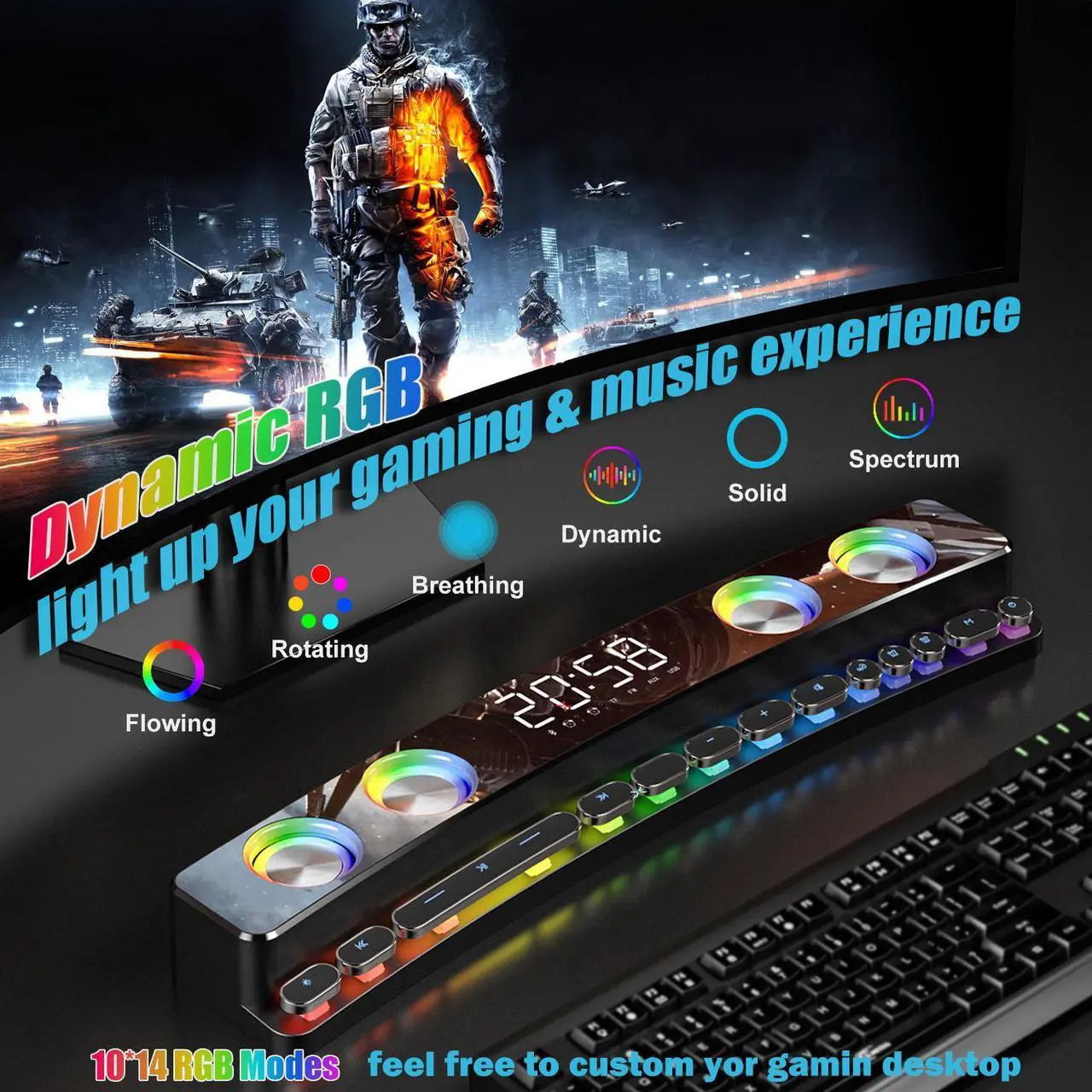 Alt view image 4 of 7 - Computer Speakers, Desktop Dynamic RGB PC Gaming Speaker Sound Bar with Wireless Bluetooth 5.0,Soundbar, 19-Inch Soundbars for TV, USB Powered Battery Operated for PC Laptop Tablet, AUX-in