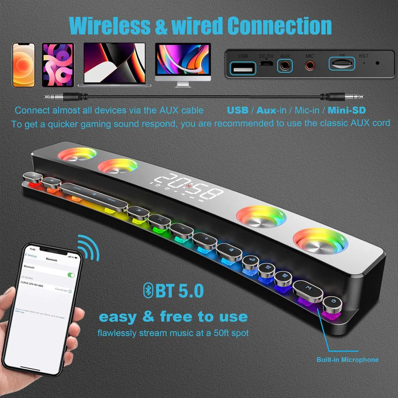 Alt view image 5 of 7 - Computer Speakers, Desktop Dynamic RGB PC Gaming Speaker Sound Bar with Wireless Bluetooth 5.0,Soundbar, 19-Inch Soundbars for TV, USB Powered Battery Operated for PC Laptop Tablet, AUX-in