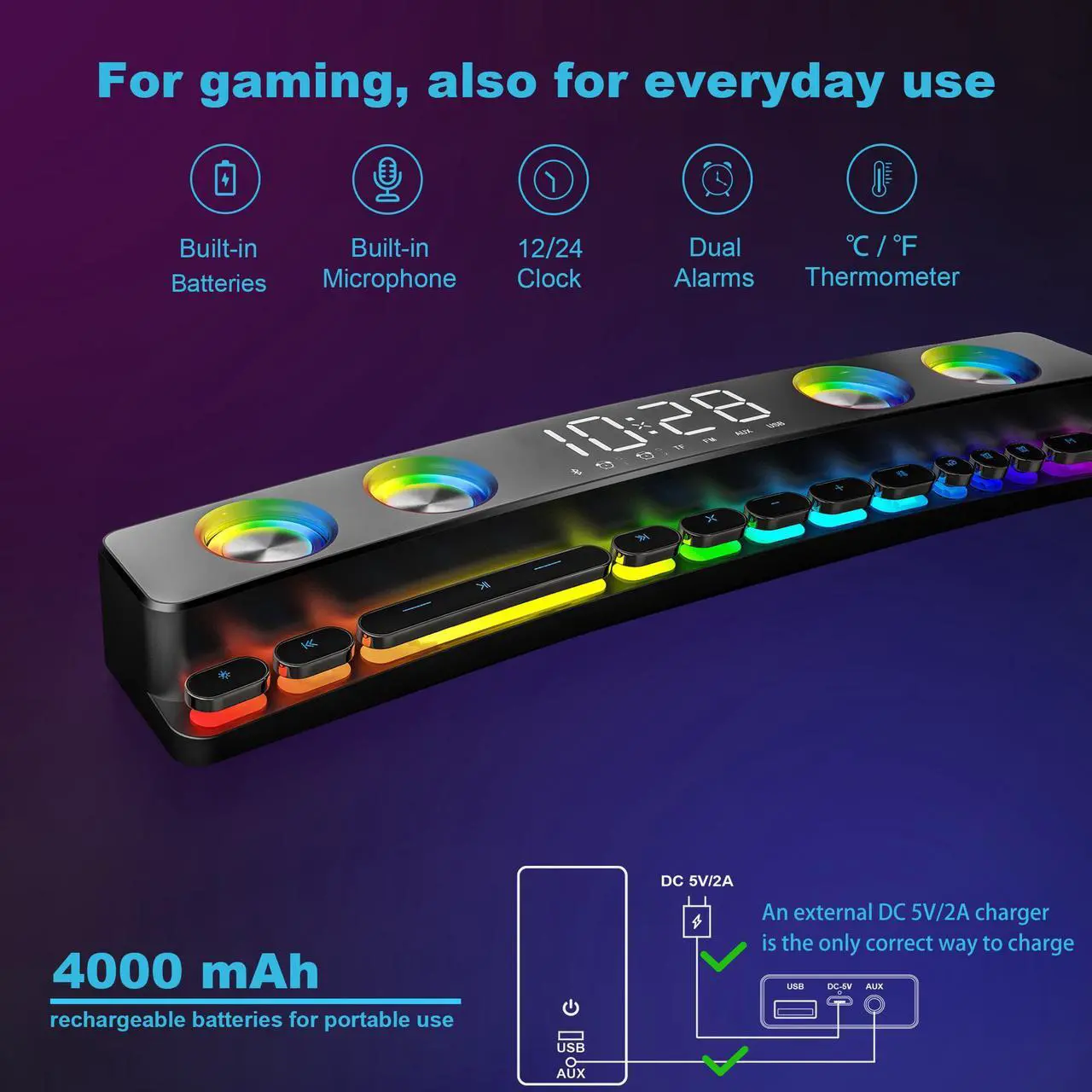Alt view image 7 of 7 - Computer Speakers, Desktop Dynamic RGB PC Gaming Speaker Sound Bar with Wireless Bluetooth 5.0,Soundbar, 19-Inch Soundbars for TV, USB Powered Battery Operated for PC Laptop Tablet, AUX-in
