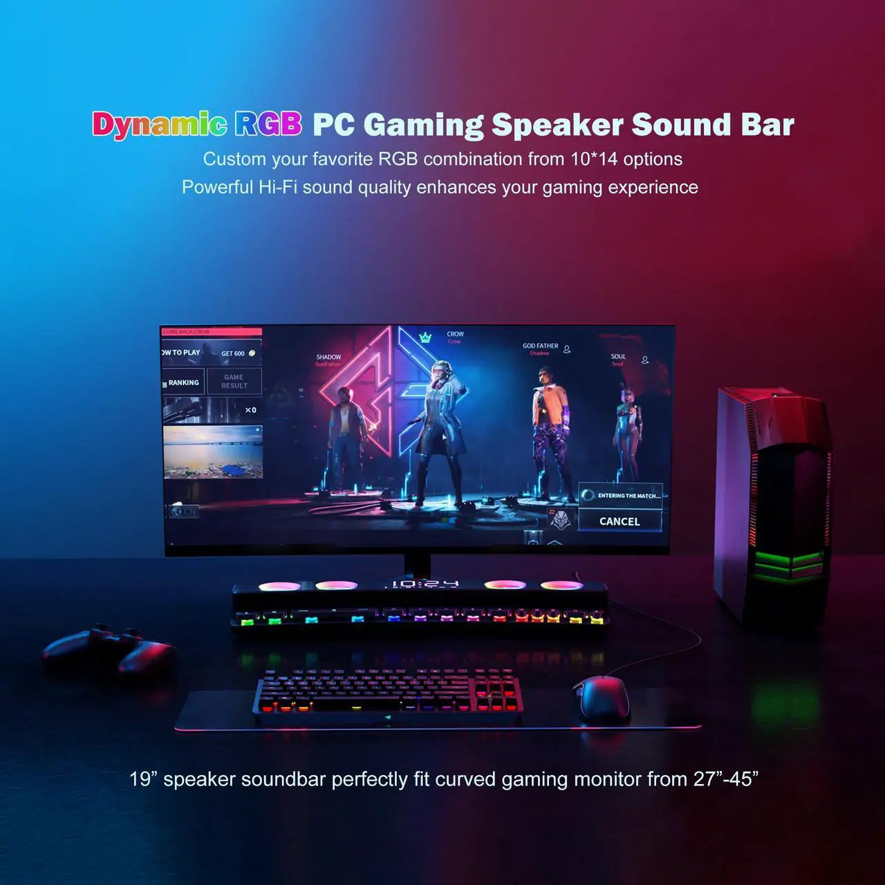 Alt view image 8 of 7 - Computer Speakers, Desktop Dynamic RGB PC Gaming Speaker Sound Bar with Wireless Bluetooth 5.0,Soundbar, 19-Inch Soundbars for TV, USB Powered Battery Operated for PC Laptop Tablet, AUX-in