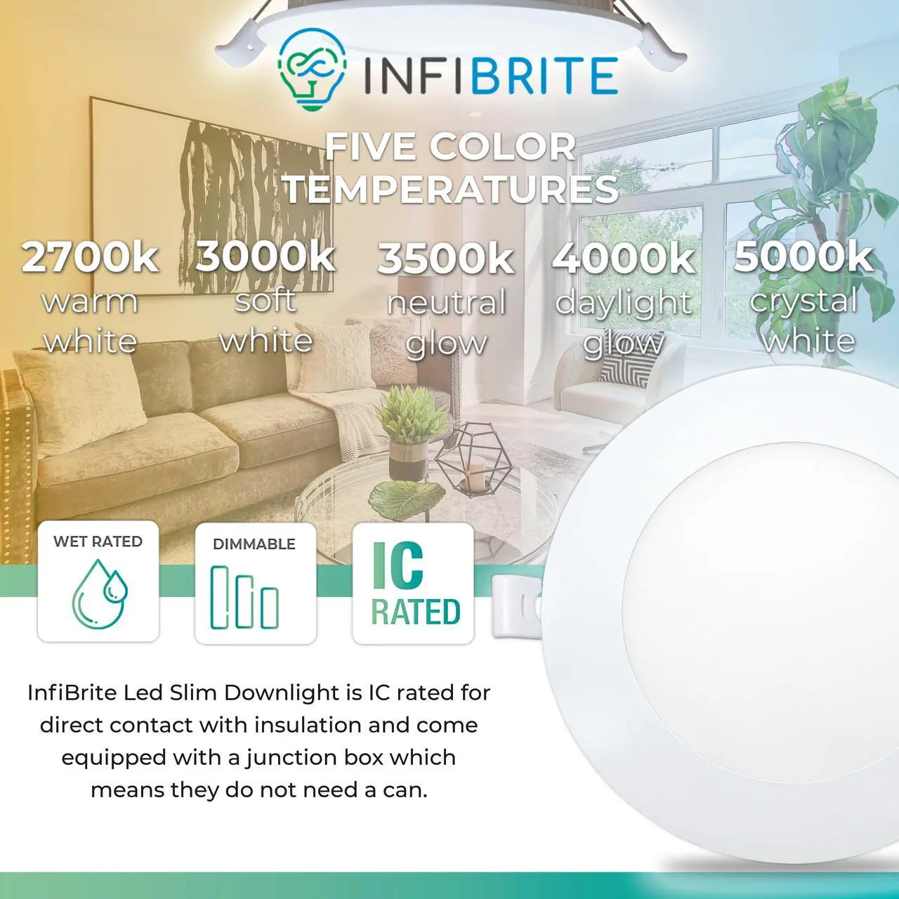 Alt view image 2 of 7 - Infibrite 4 Inch 5CCT Selectable 9W 750LM Thin LED Ceiling Light Kit, Dimmable, Wet Rated
