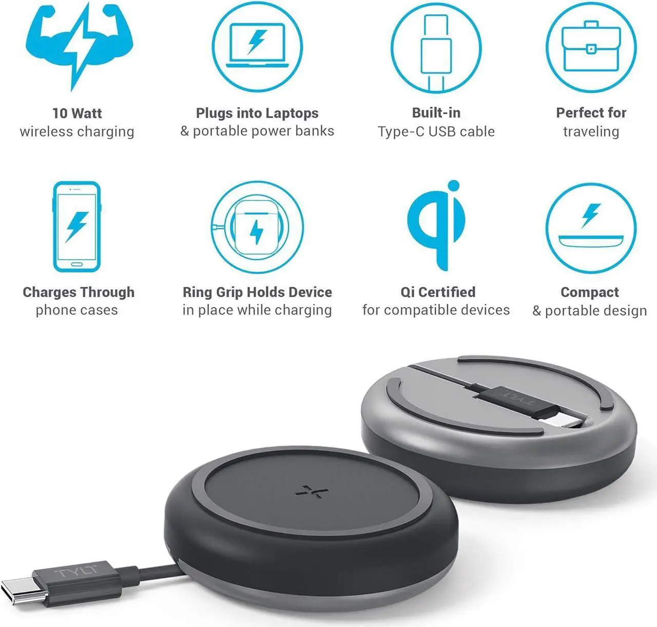 Alt view image 5 of 5 - Tylt Medallion Portable Wireless Charging Pad Compact Wireless Charger Connects To Laptops And Power Banks Black