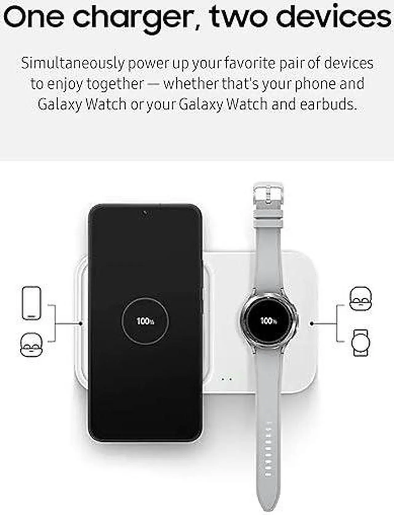 Main image of SAMSUNG 15W Wireless Charger Duo w/ USB C Cable, Charge 2 Devices at Once, Cordless Super Fast Charging Pad for Galaxy Phones and Devices, 2022, US Version, Black