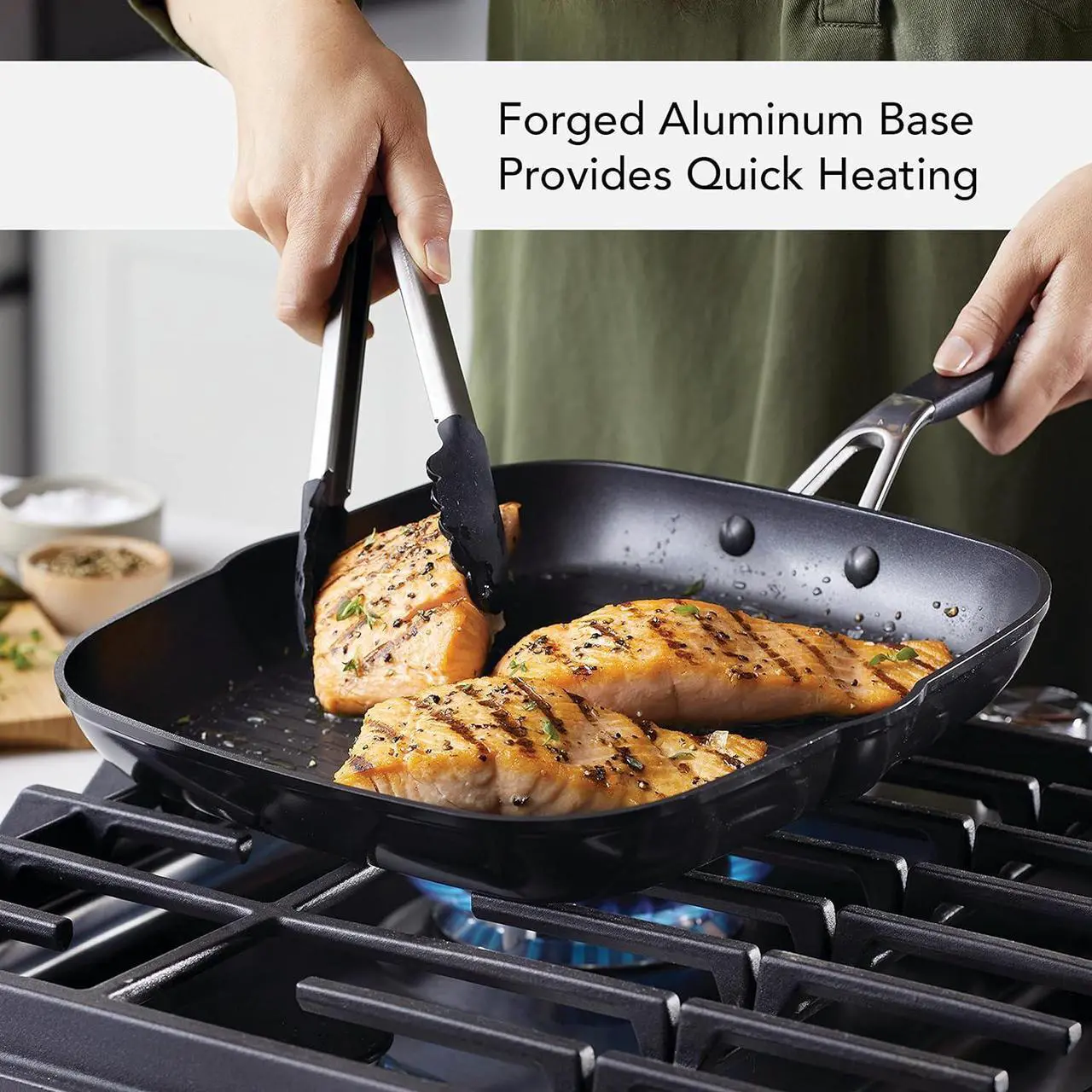 Alt view image 3 of 7 - KitchenAid Hard Anodized Nonstick Square Grill Pan/Griddle with Pour Spouts, 11.25 Inch, Onyx Black